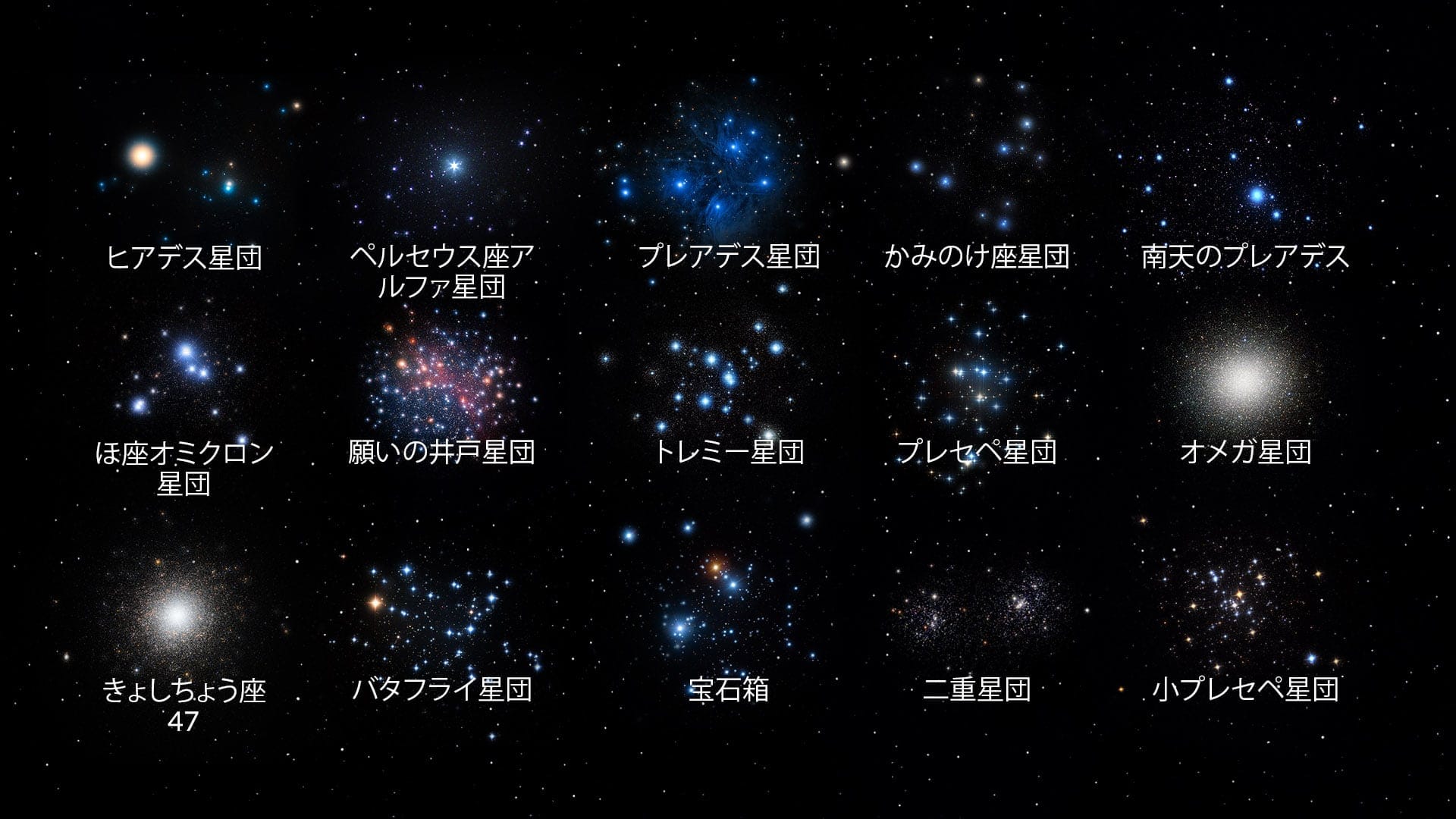 最も明るい散開星団と球状星団の一覧：ヒアデス星団など