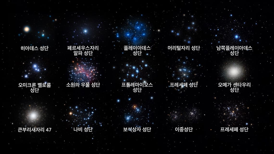 성단 | 구상성단 및 산개성단 | 성단 이름 | 프톨레마이오스 성단 위치 | 성운과 성단 | Star Walk