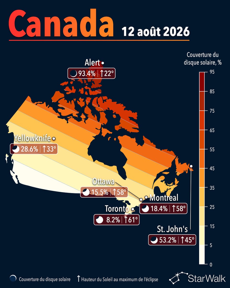Carte de visibilité de l’éclipse solaire du 12 août 2026 au Canada