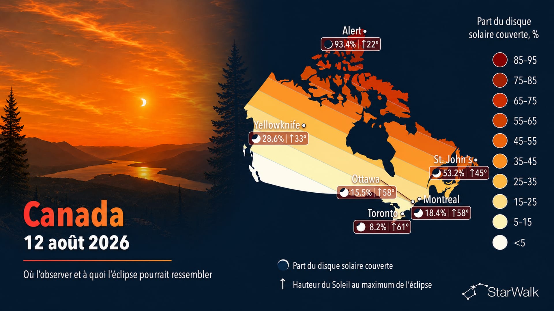 Carte de visibilité de l’éclipse solaire du 12 août 2026 au Canada