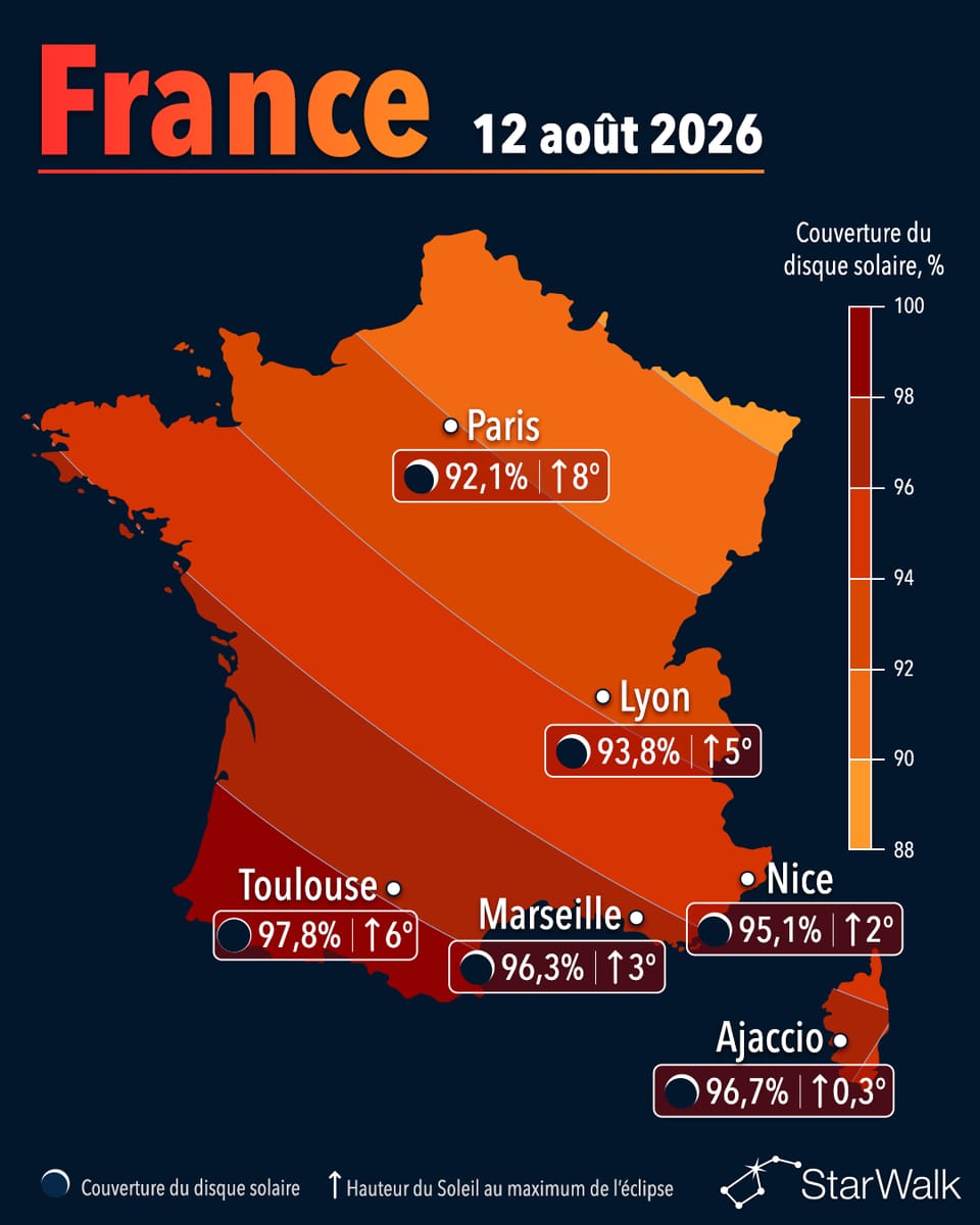 Carte de visibilité de l’éclipse solaire du 12 août 2026 en France