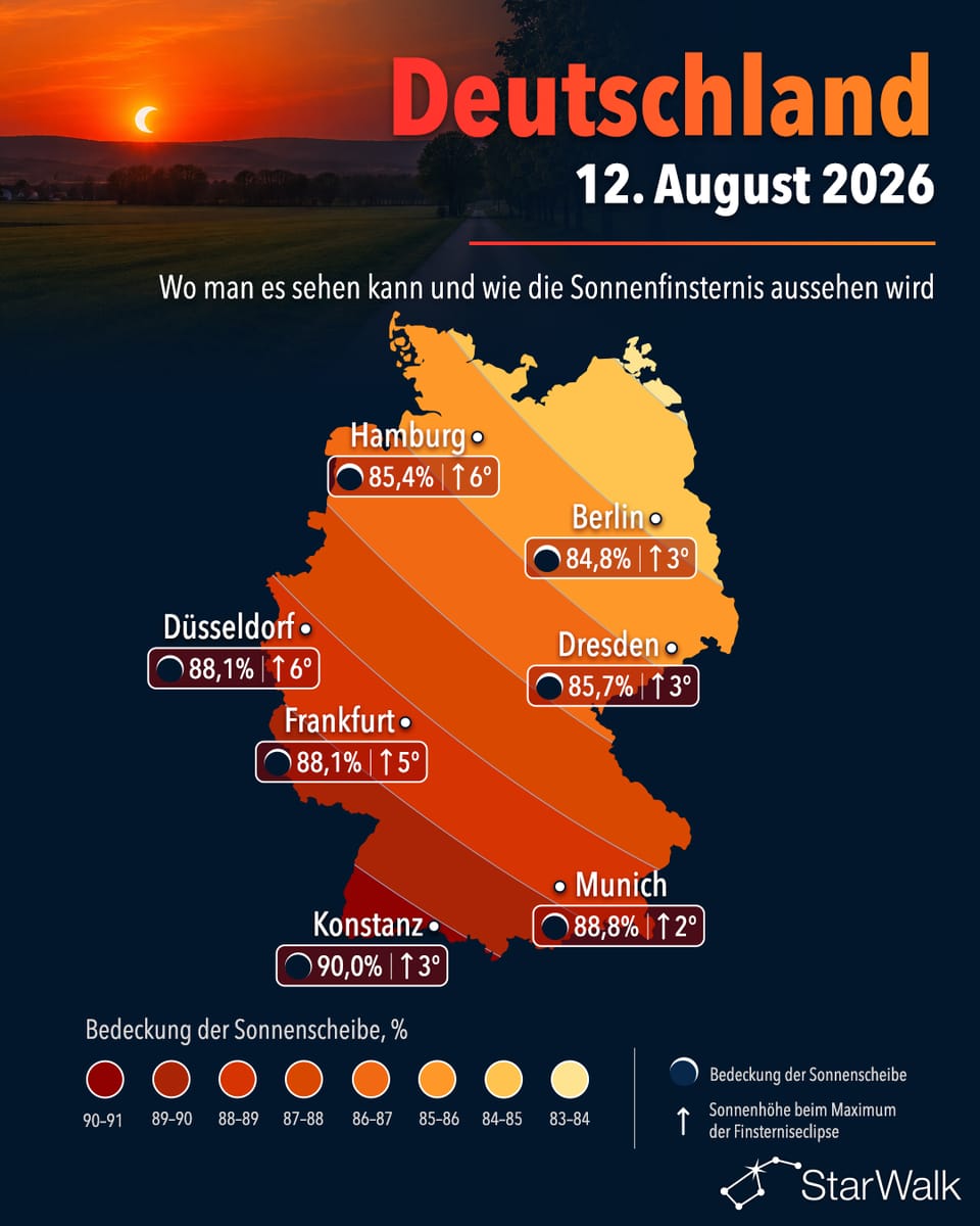 Sonnenfinsternis 2026 in Deutschland: Karte mit Bedeckungsgrad und Sonnenhöhe