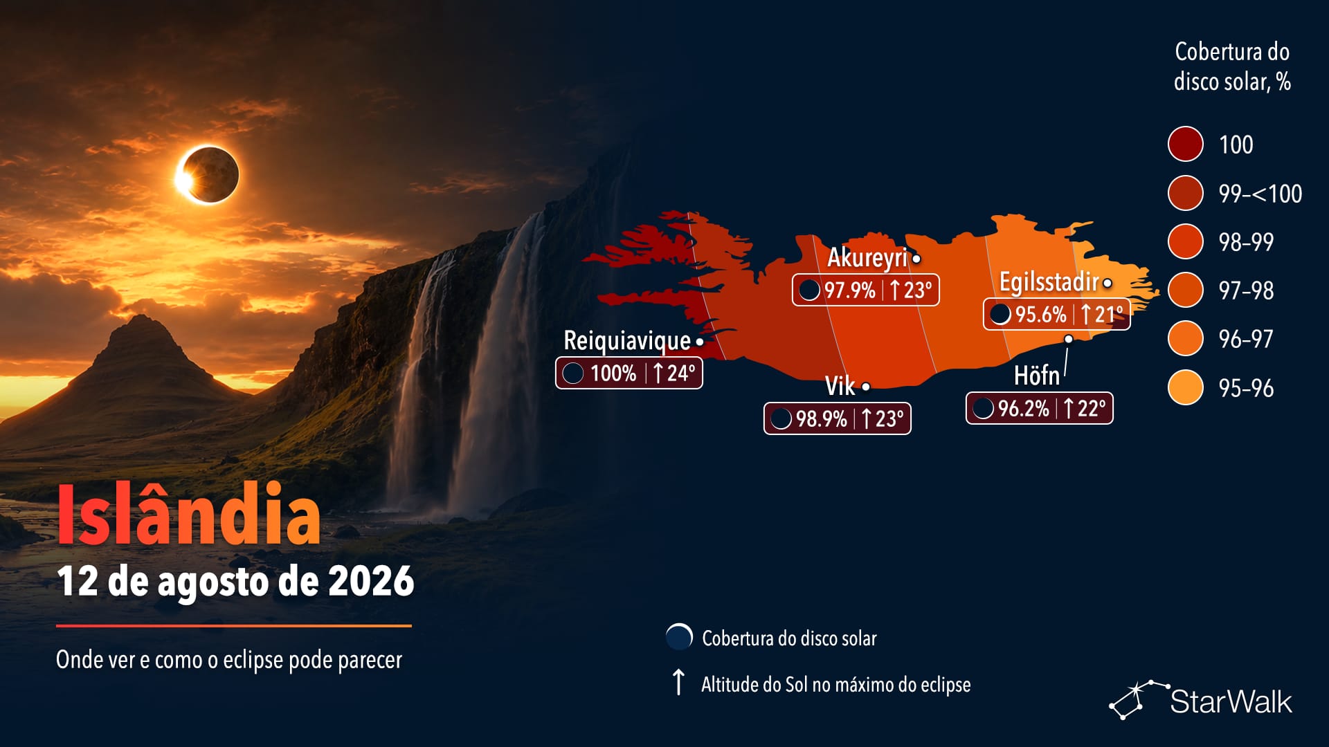 Mapa da trajetória do eclipse solar total de 12 de agosto de 2026 pelo oeste da Islândia