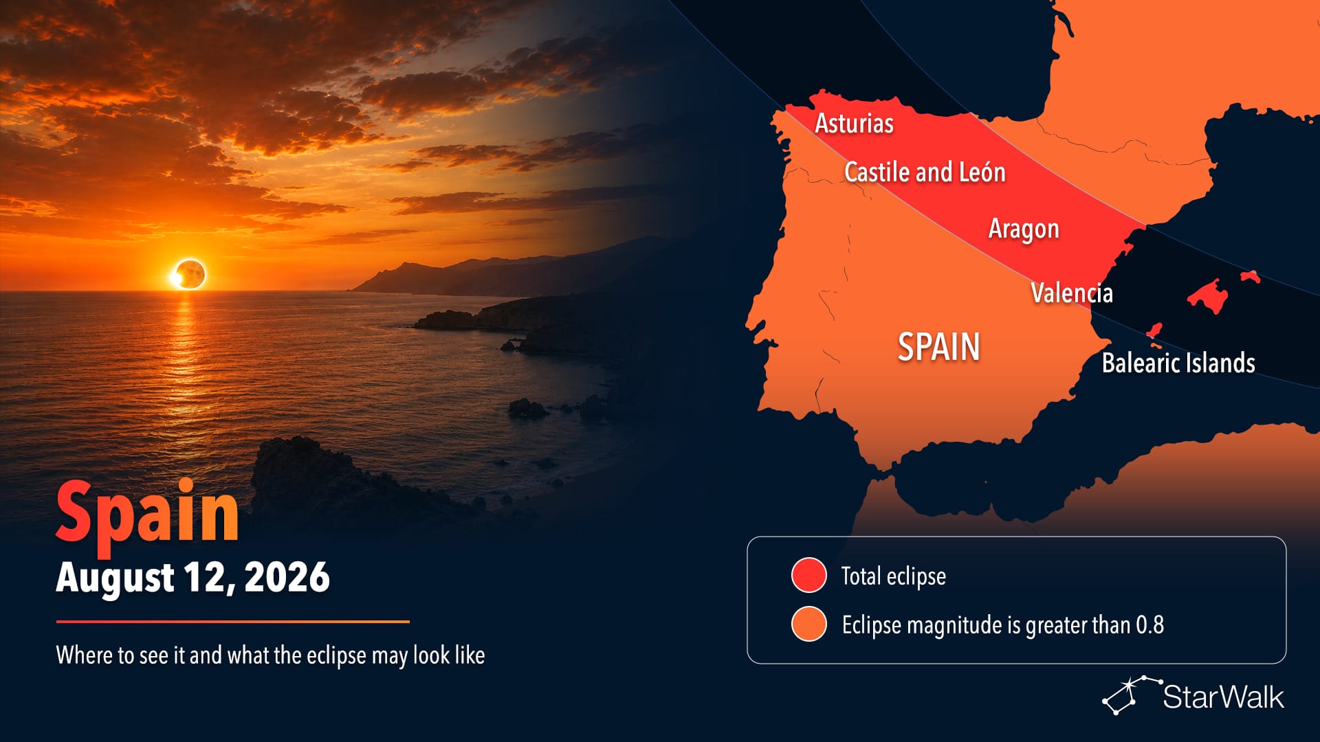 Map of the August 12, 2026, total solar eclipse path across Spain and the Balearic Islands