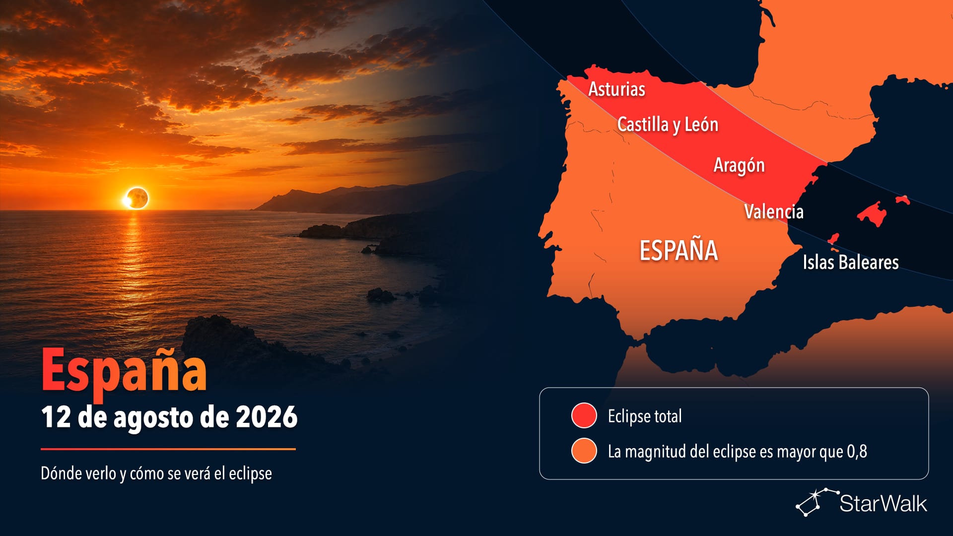 Mapa de la trayectoria del eclipse solar total del 12 de agosto de 2026 a través de España y las Islas Baleares