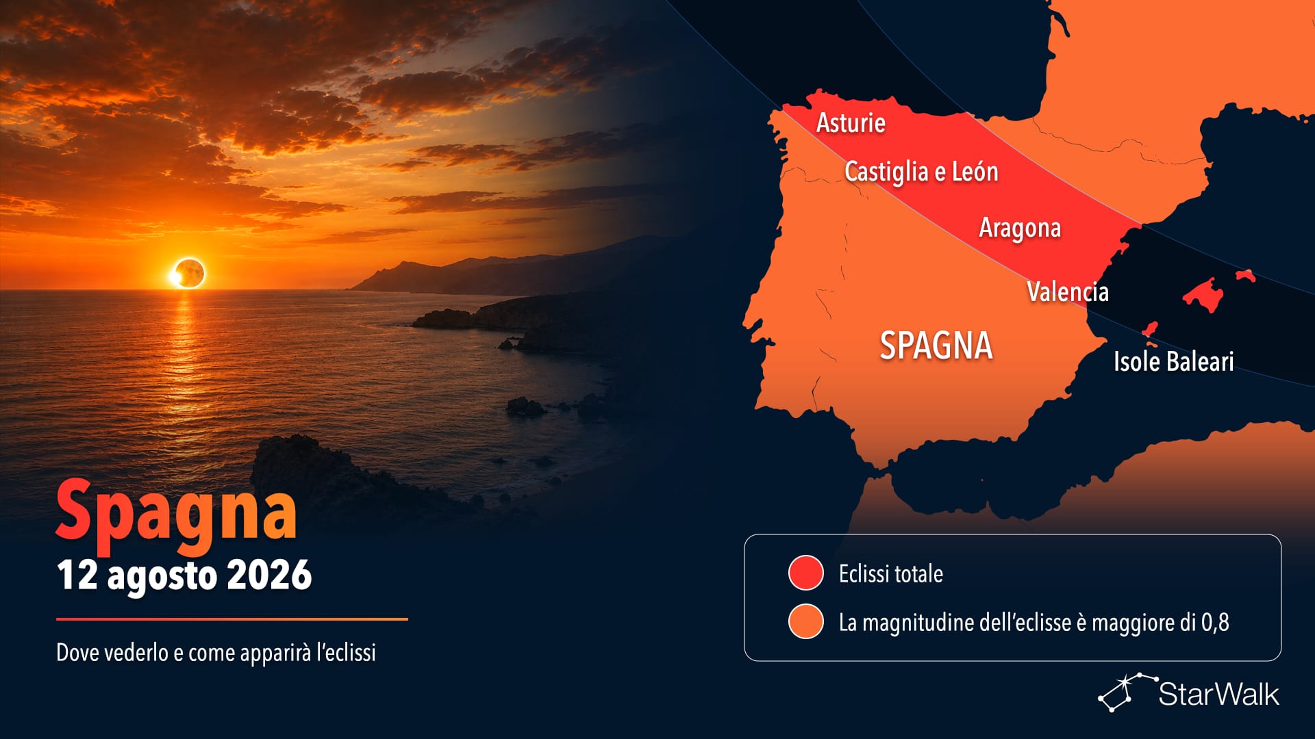 Mappa del percorso dell’eclissi solare totale del 12 agosto 2026 attraverso la Spagna e le Isole Baleari