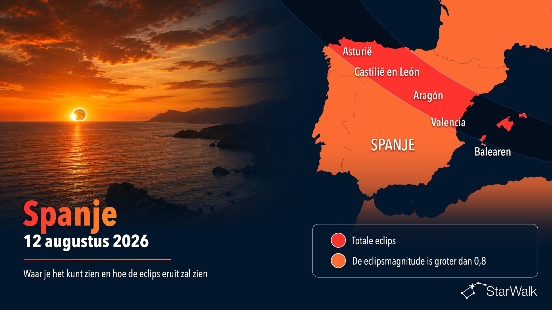 Kaart van het pad van de totale zonsverduistering op 12 augustus 2026 over Spanje en de Balearen