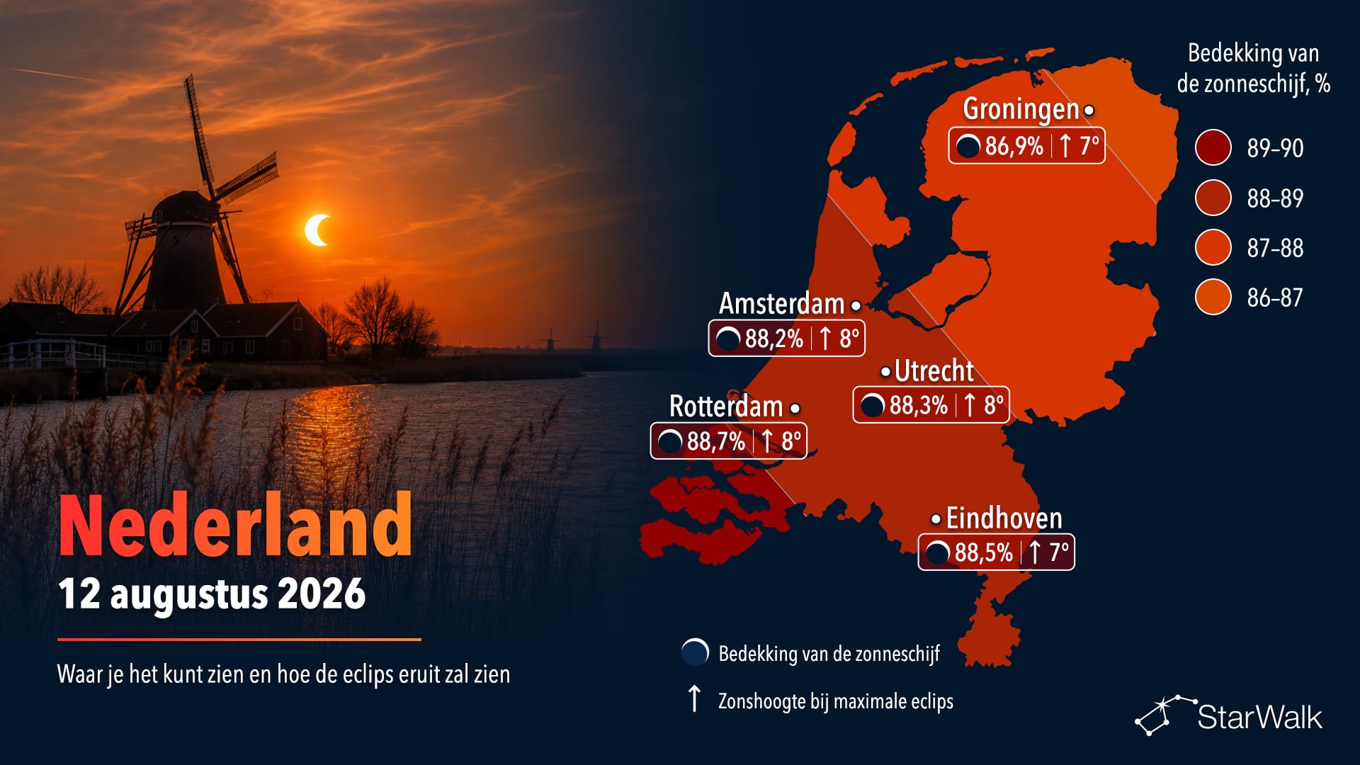 Kaart van de zichtbaarheid van de zonsverduistering van 12 augustus 2026 in Nederland