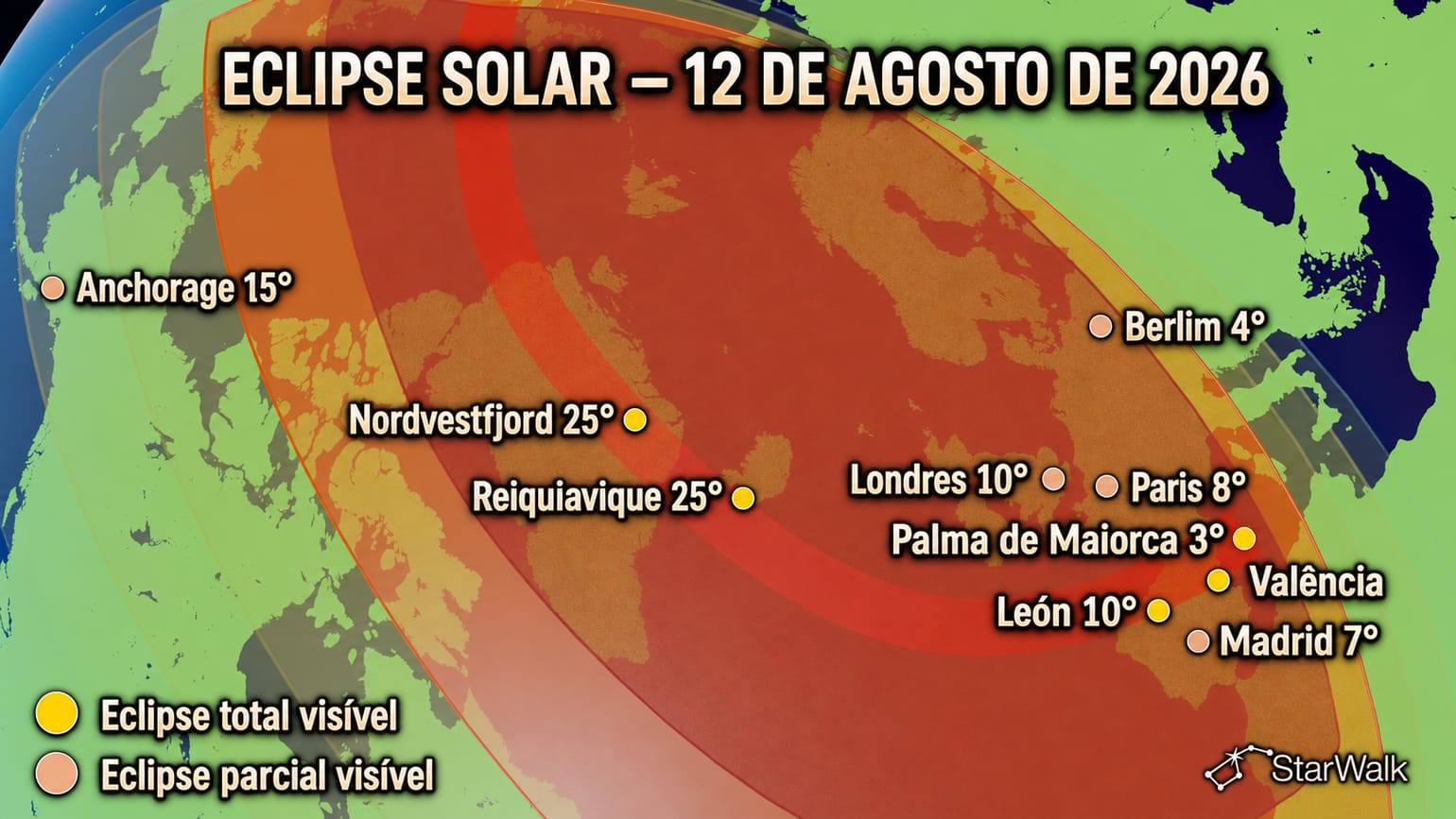 Mapa de la trayectoria del eclipse solar total del 12 de agosto de 2026 a través de Groenlandia, Islandia y España