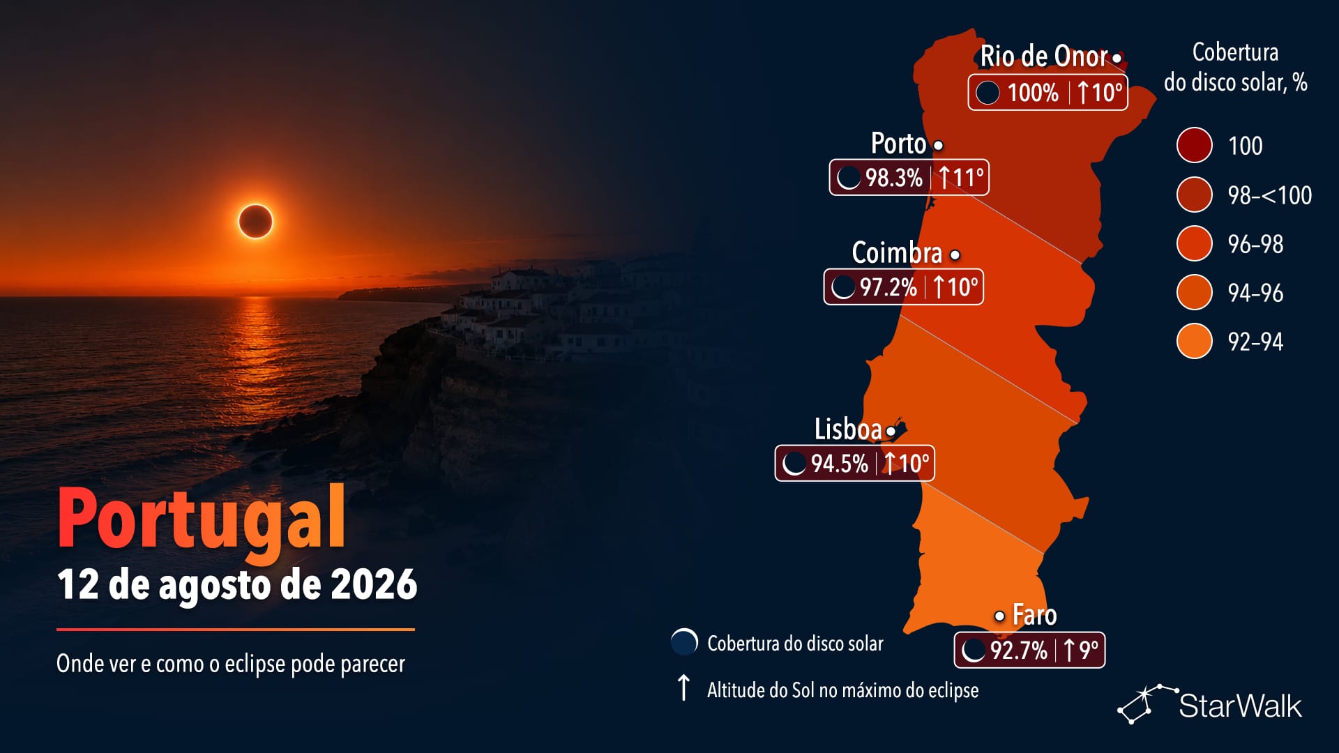 Mapa de visibilidade do eclipse solar de 12 de agosto de 2026 em Portugal