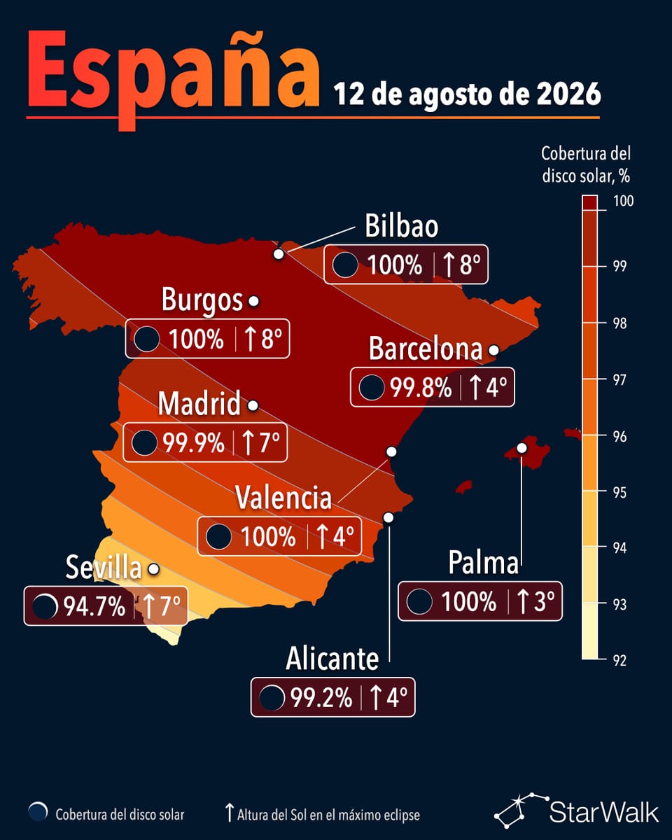 Mapa de la trayectoria del eclipse solar total del 12 de agosto de 2026 a través de España y las Islas Baleares