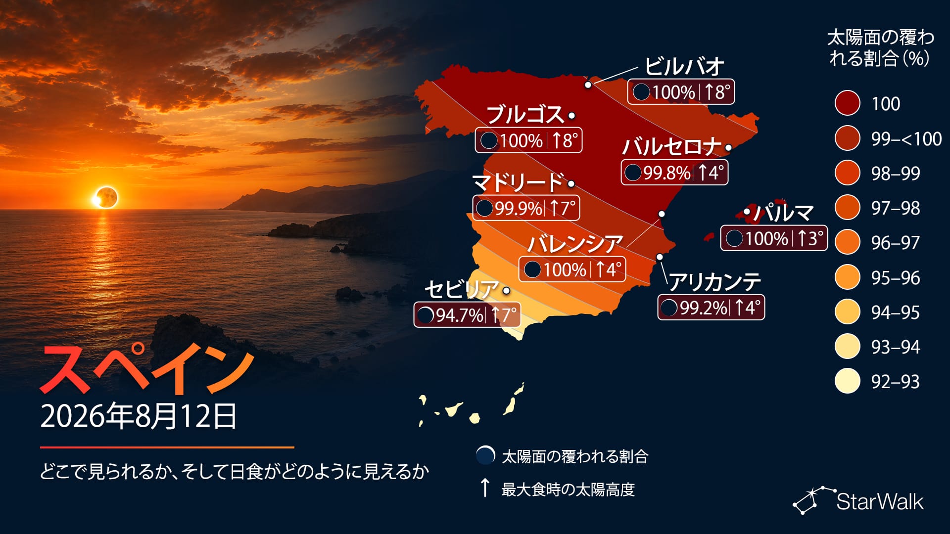 スペインとバレアレス諸島における2026年8月12日の皆既日食の経路