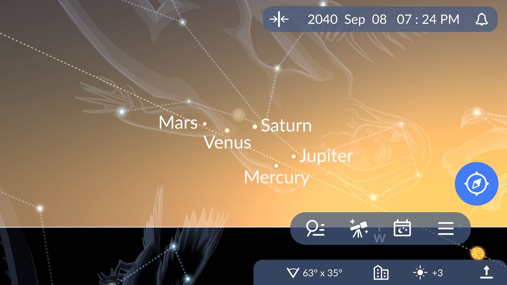 The planetary alignment on September 8, 2040, in Sky Tonight