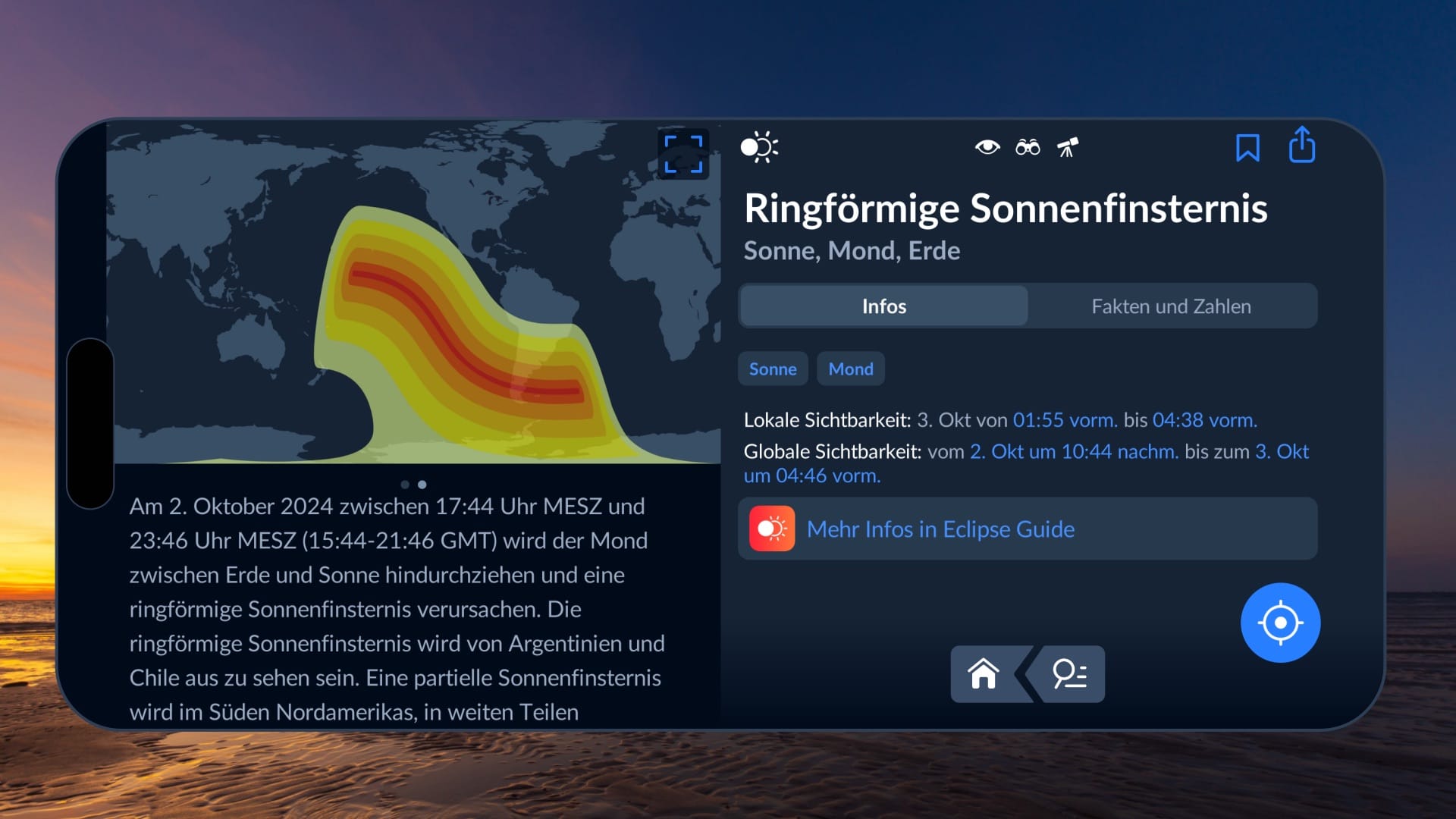 Annular solar eclipse map in Sky Tonight