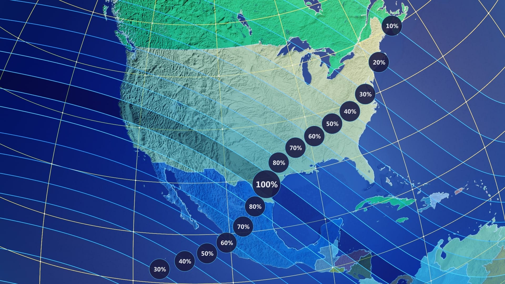 Het pad van de ringvormige zonsverduistering over Noord-Amerika