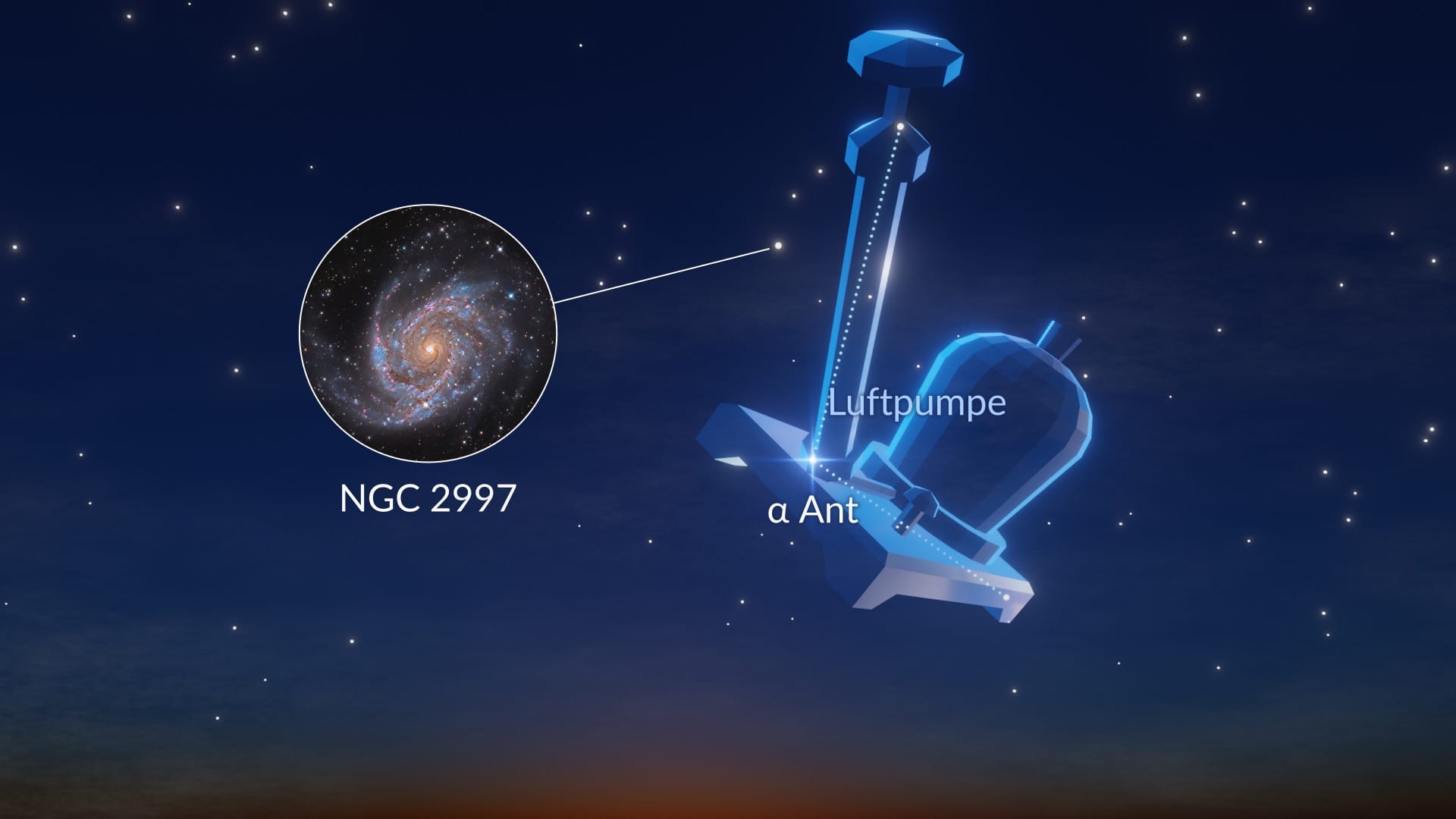 Sternbild Luftpumpe: die hellsten Sterne und bemerkenswertesten Deep-Sky-Objekte