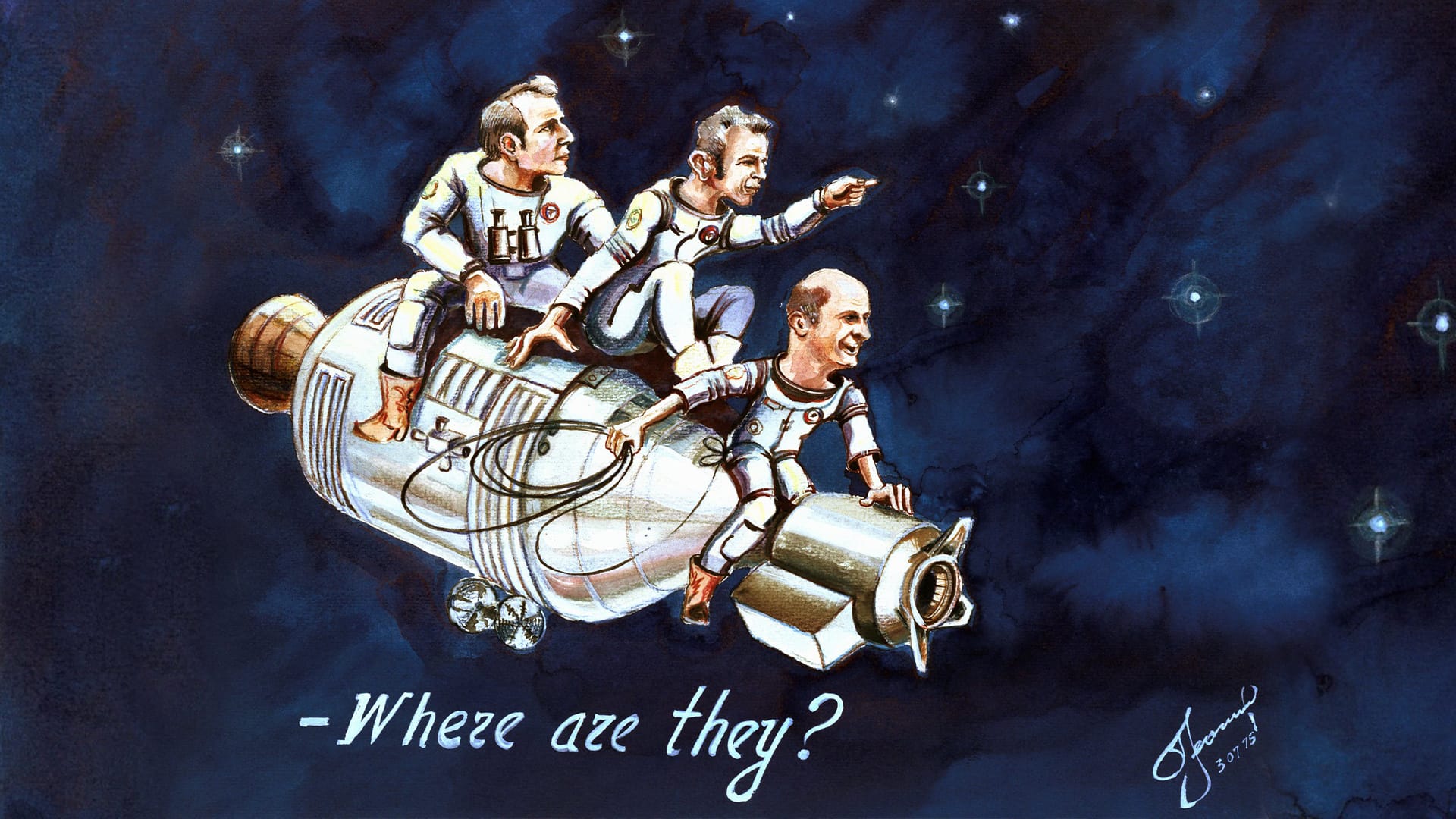 A cartoon by cosmonaut Aleksey A. Leonov showing Apollo approaching Soyuz for docking.