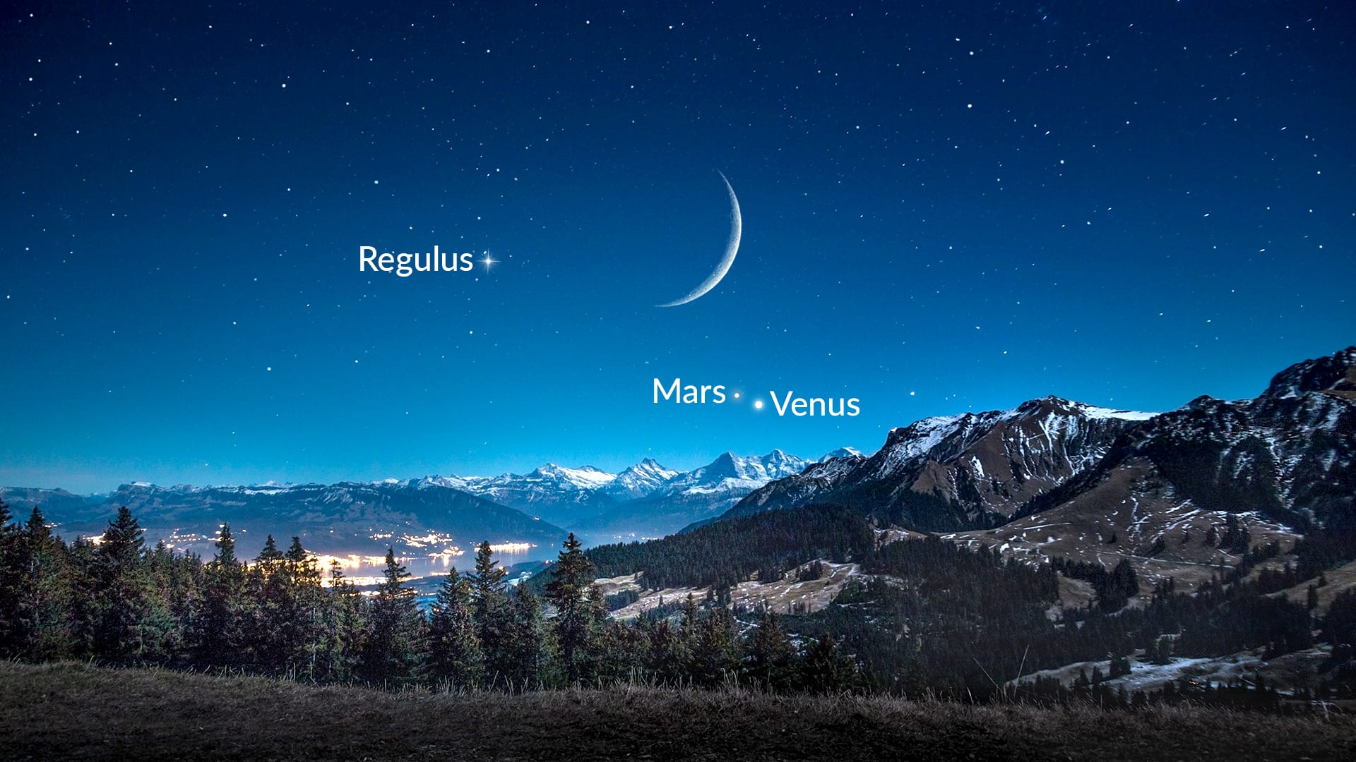 Луна, Марс и Венера сияют в звездном небе в середине июля