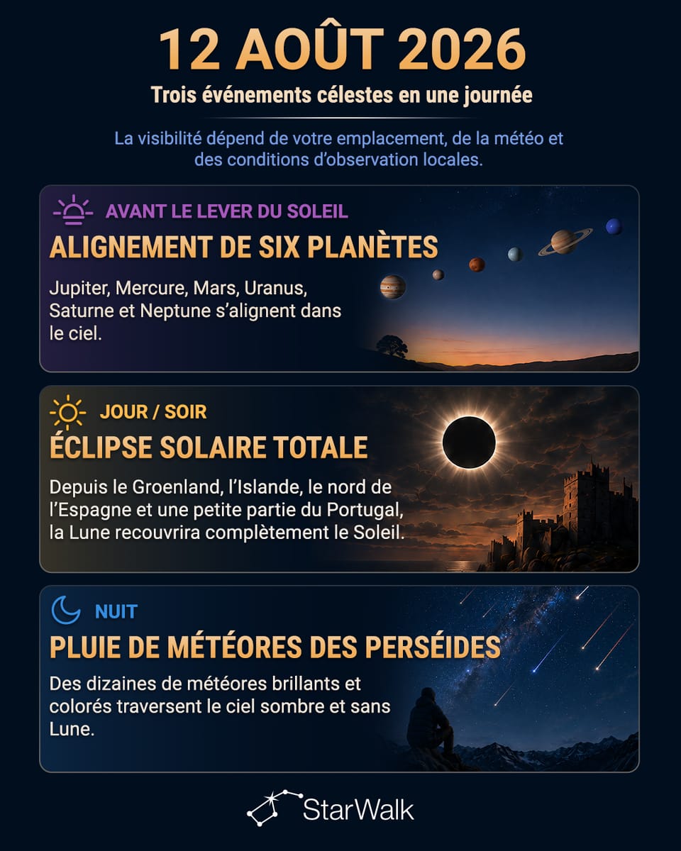 Événements astronomiques du 12 août : alignement planétaire, maximum des Perséides et éclipse solaire totale