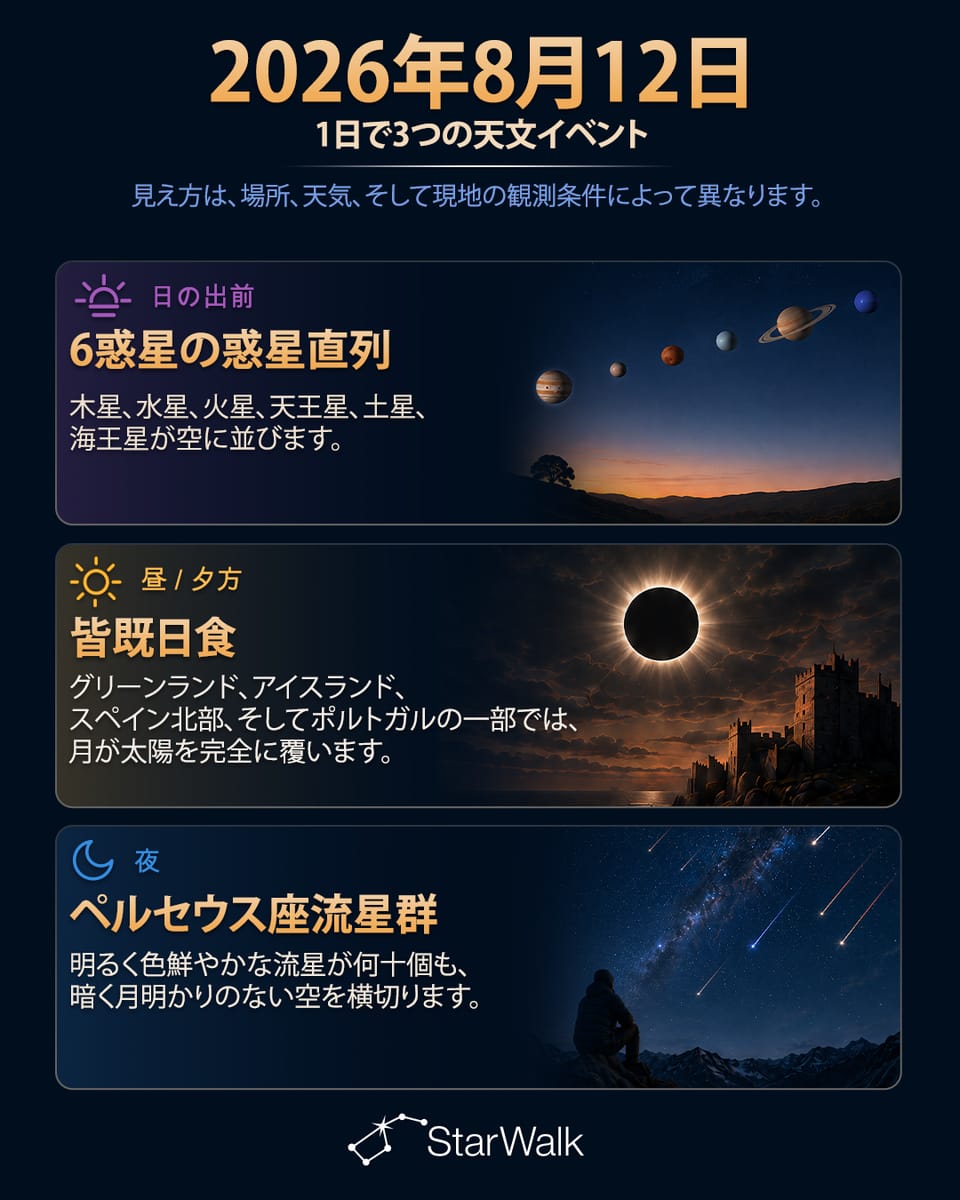 8月12日の天文イベント：惑星直列、ペルセウス座流星群の極大、皆既日食