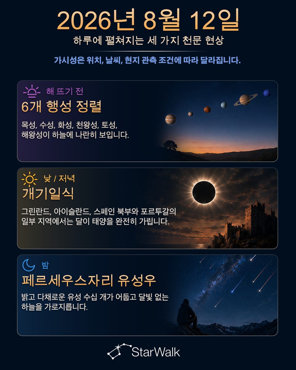 8월 12일 천문 현상: 행성 정렬, 페르세우스자리 유성우 극대기, 개기일식