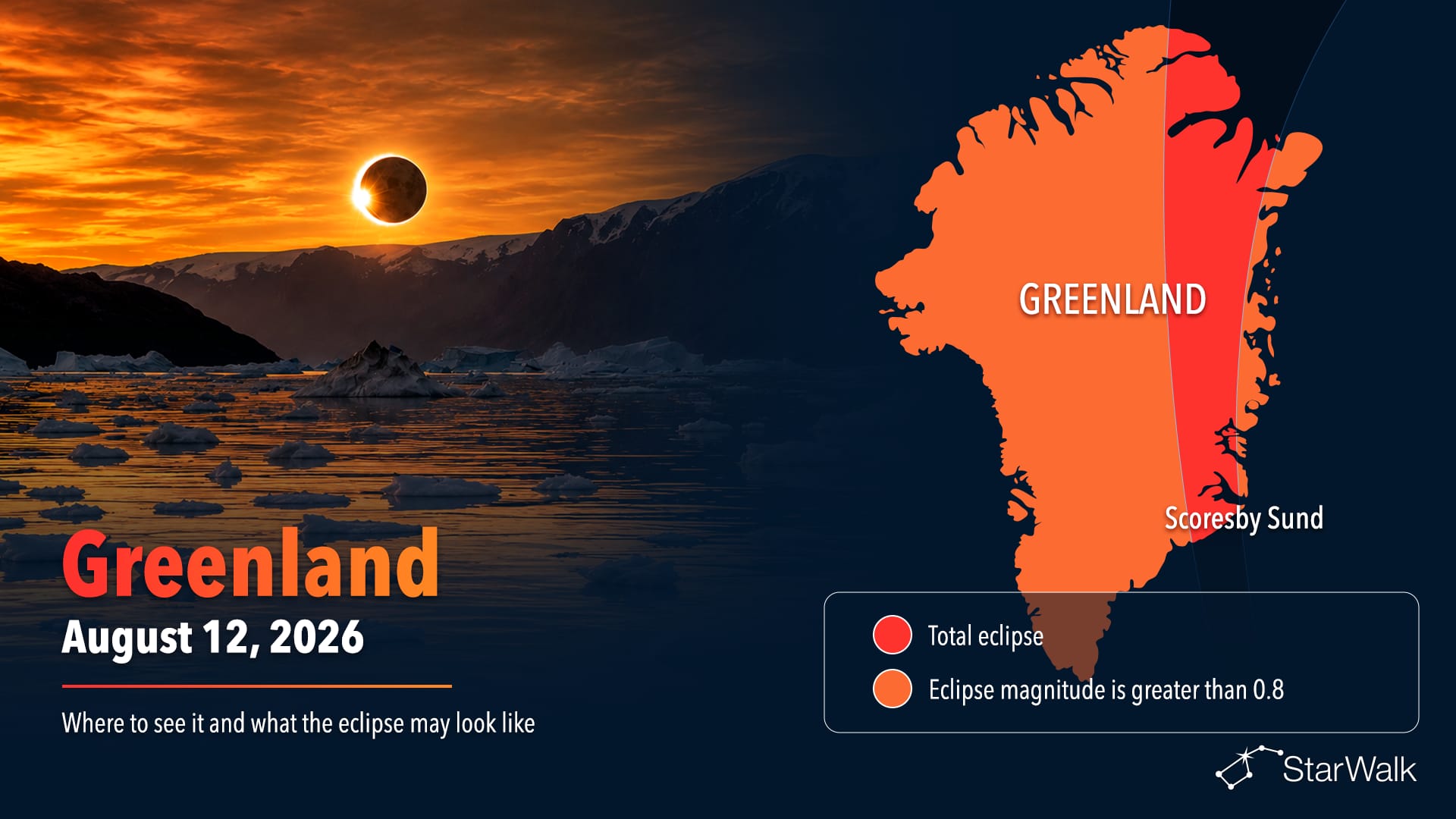 Map of the August 12, 2026, total solar eclipse path across Greenland and Scoresby Sund