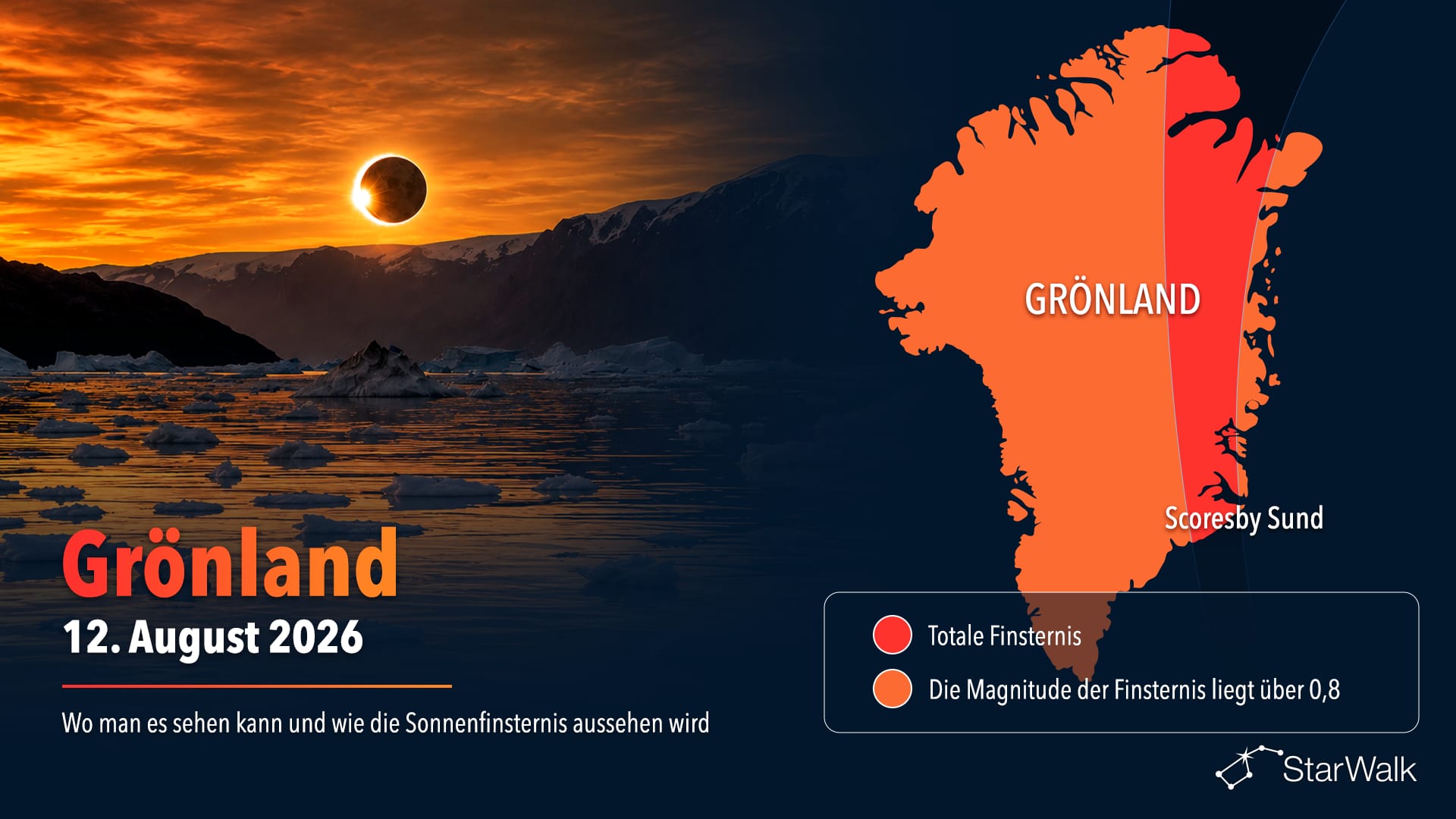 Die Karte des Pfads der totalen Sonnenfinsternis am 12. August 2026 über Grönland und Scoresby Sund