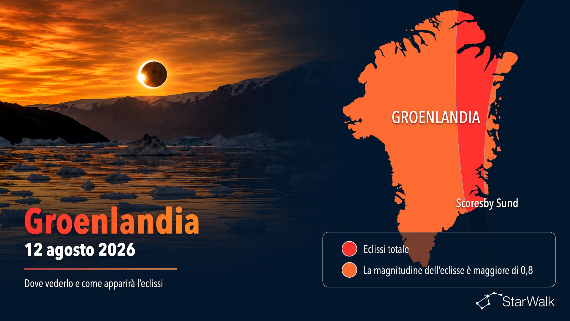 Mappa del percorso dell’eclissi solare totale del 12 agosto 2026 attraverso la Groenlandia e lo Scoresby Sund