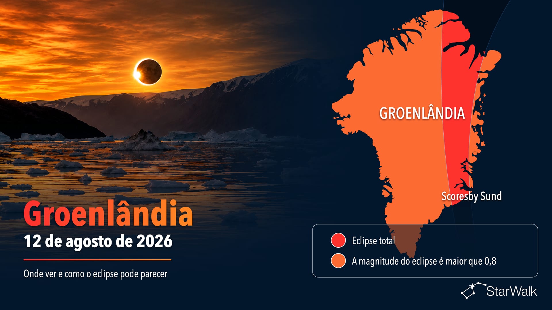 Mapa da trajetória do eclipse solar total de 12 de agosto de 2026 pela Groenlândia e Scoresby Sund
