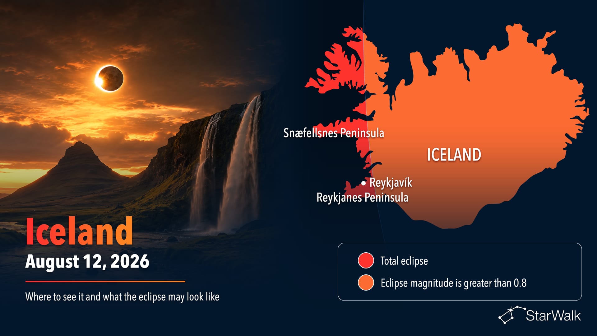 Map of the August 12, 2026 total solar eclipse path across western Iceland