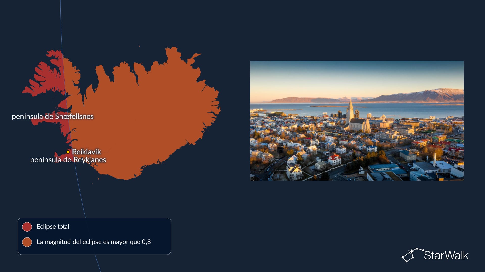 Mapa de la trayectoria del eclipse solar total del 12 de agosto de 2026 a través de Islandia