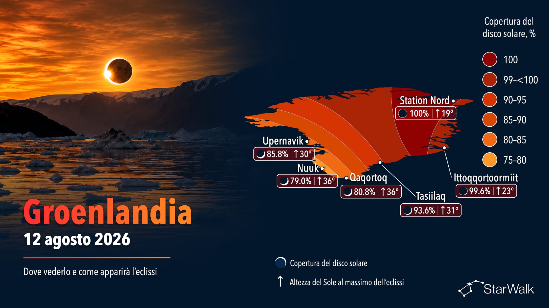 Mappa del percorso dell’eclissi solare totale del 12 agosto 2026 attraverso la Groenlandia e lo Scoresby Sund