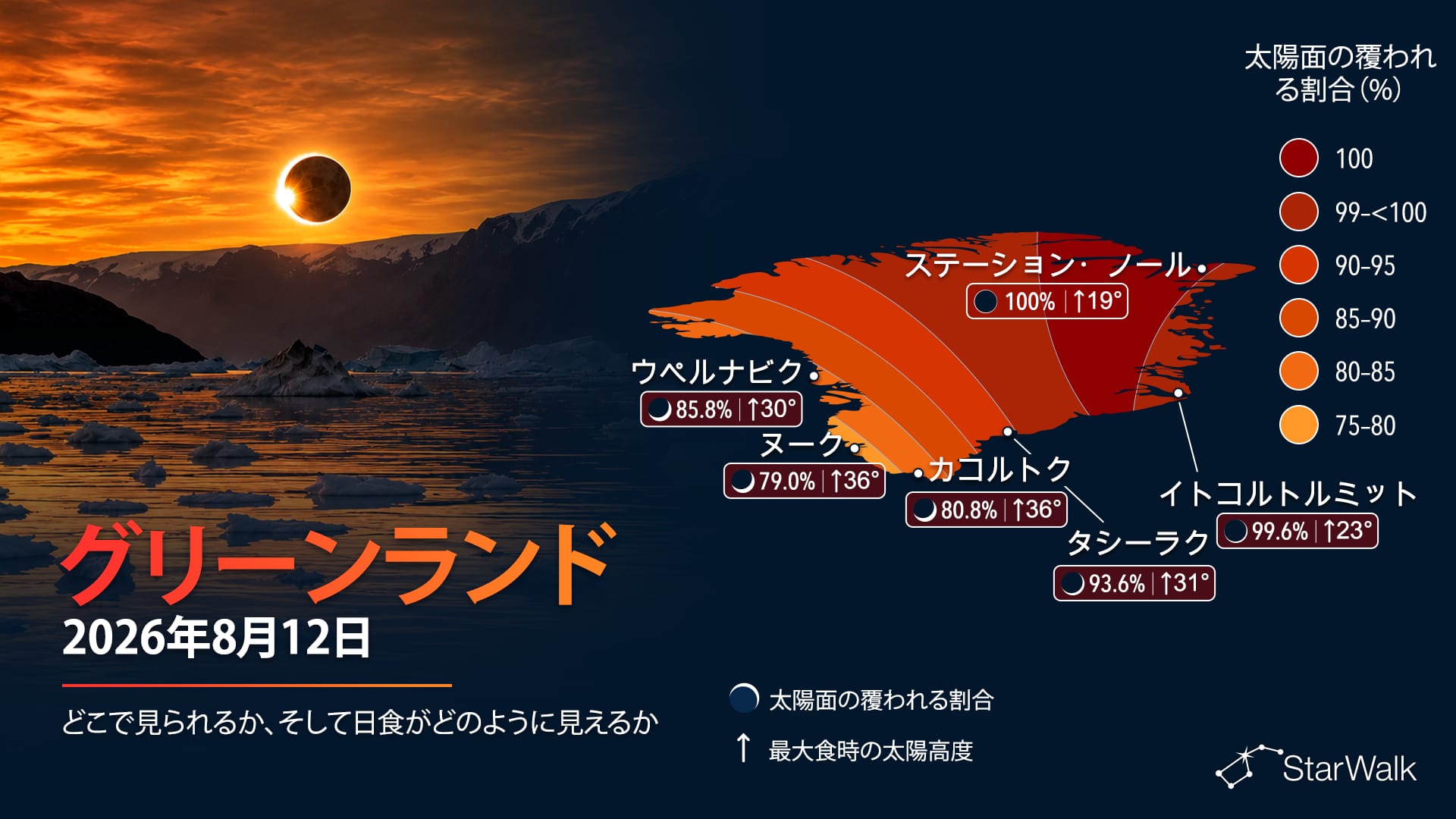 2026年8月12日の皆既日食の経路(グリーンランド・スコルズビー湾周辺)