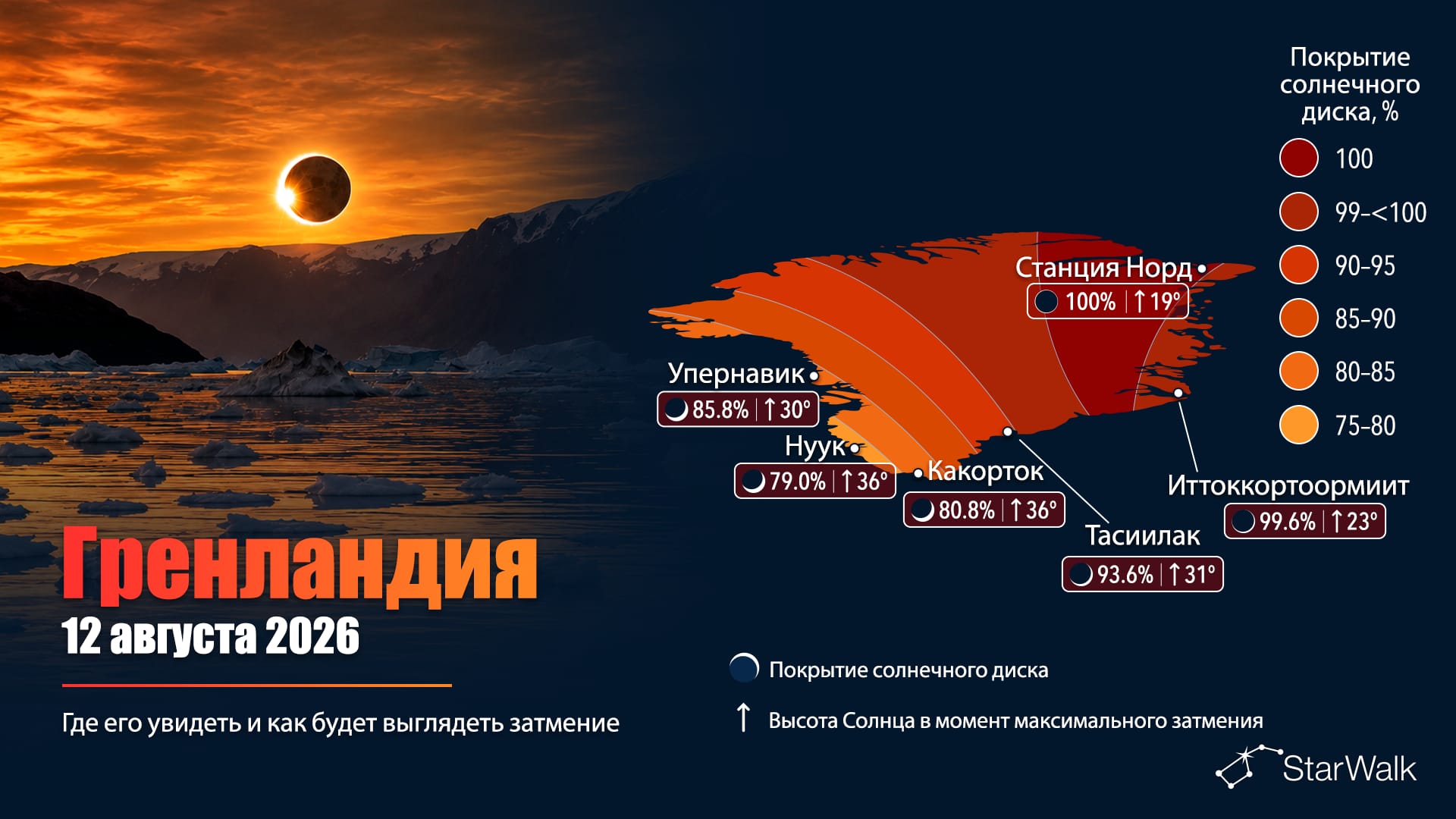 Карта полного солнечного затмения 12 августа 2026 года через Гренландию и фьорд Скорсбисунн