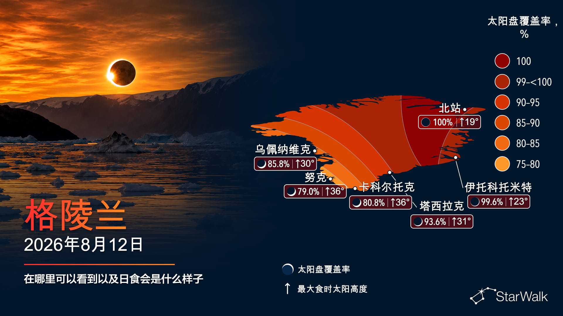 2026年8月12日穿过格陵兰和斯科斯比松的日全食路径地图