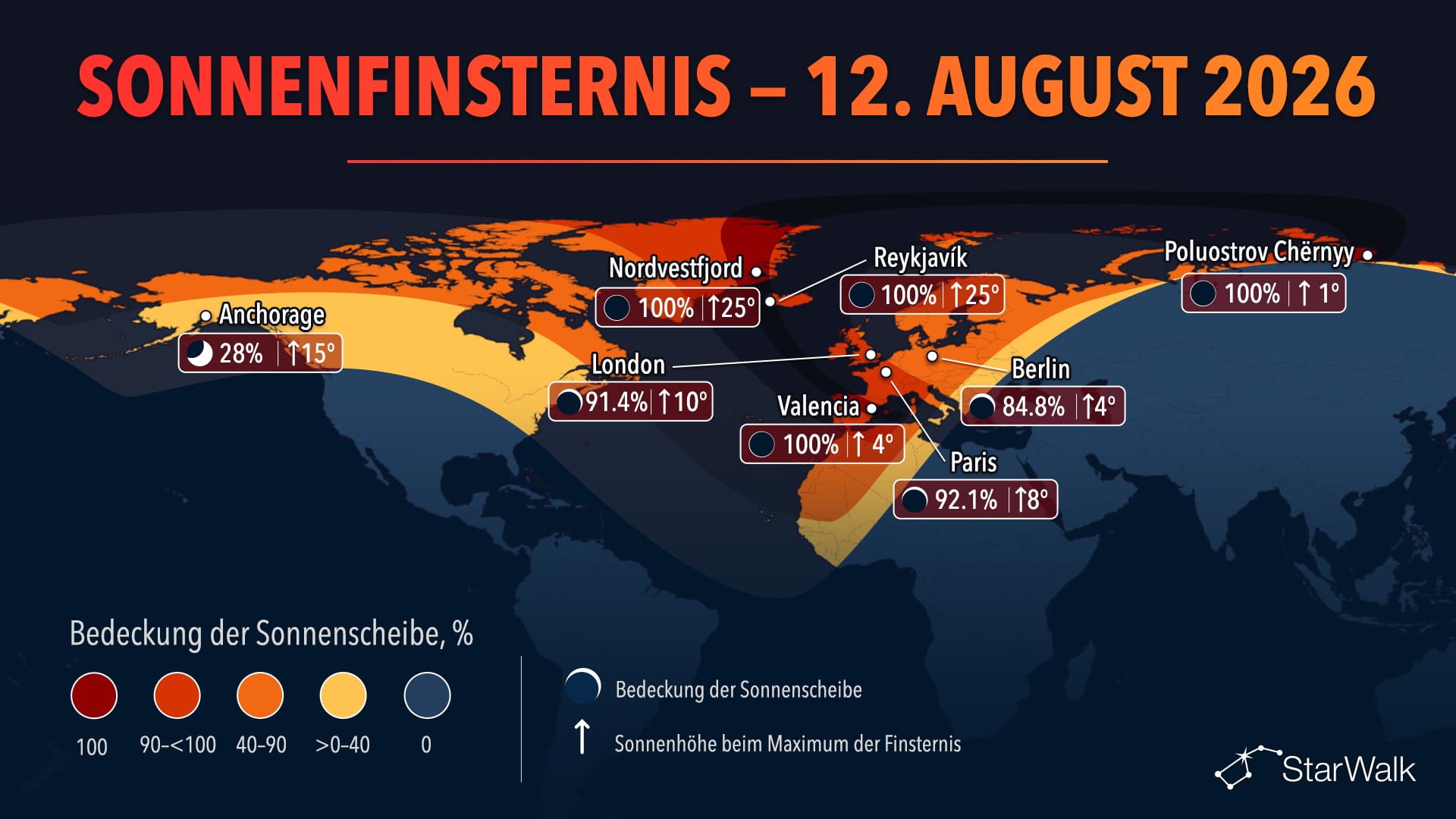Karte des Pfads der totalen Sonnenfinsternis am 12. August 2026 über Grönland, Island und Spanien