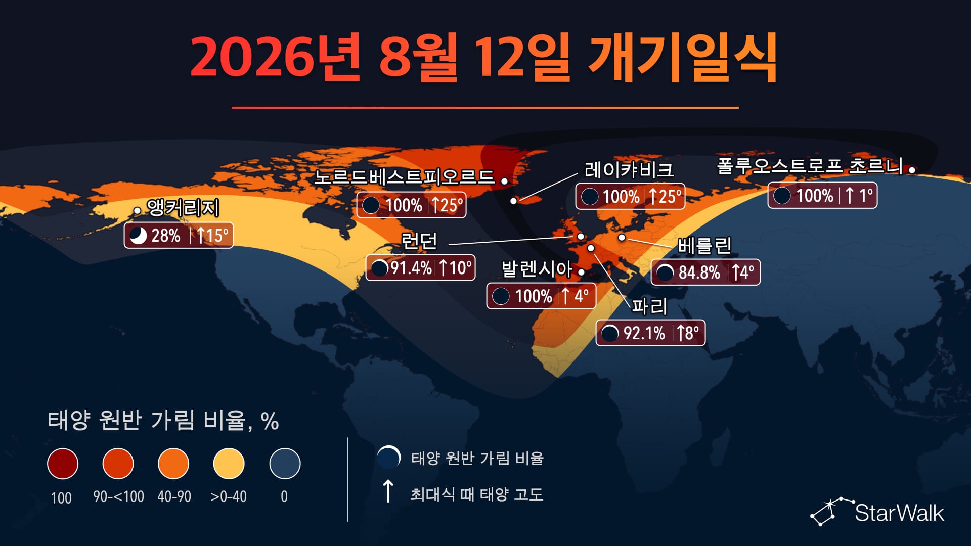그린란드, 아이슬란드, 스페인을 지나는 2026년 8월 12일 개기일식 경로 지도