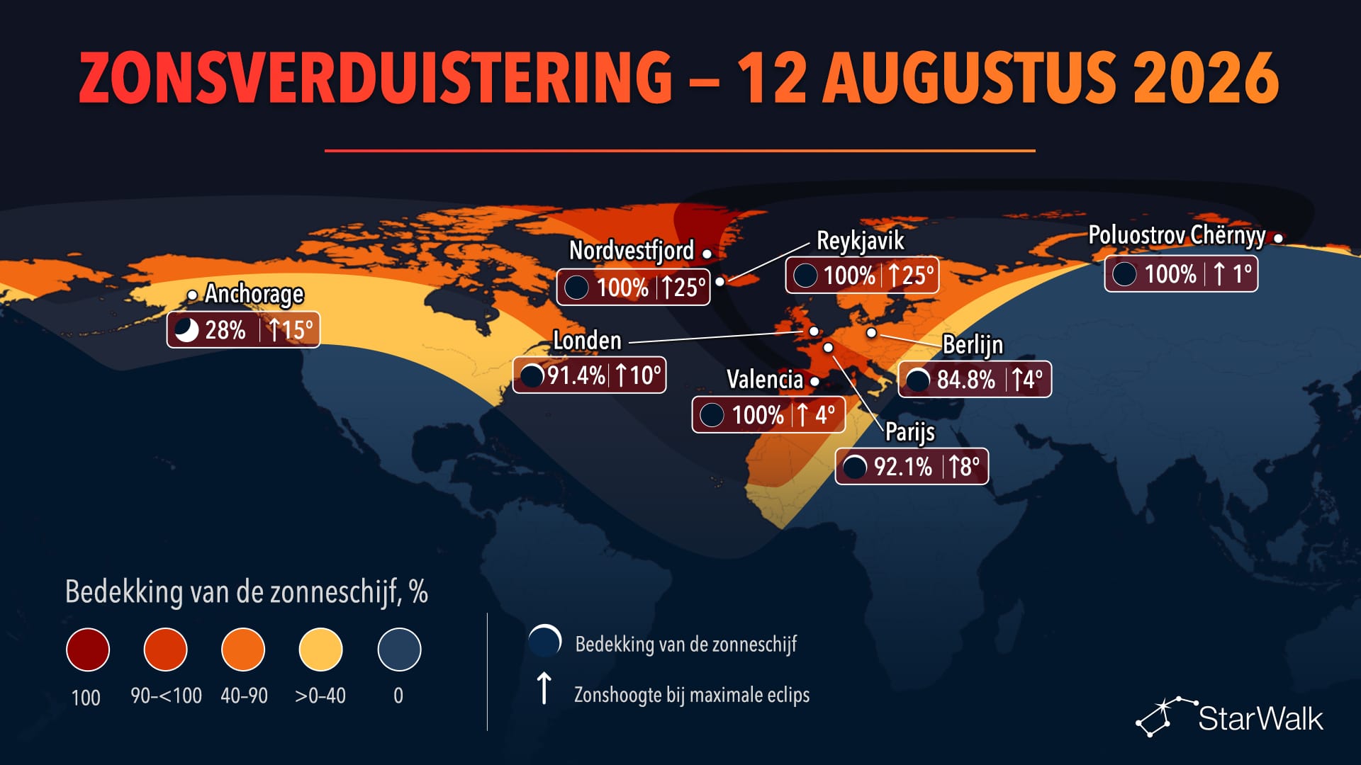 Kaart van het pad van de totale zonsverduistering op 12 augustus 2026 over Groenland, IJsland en Spanje
