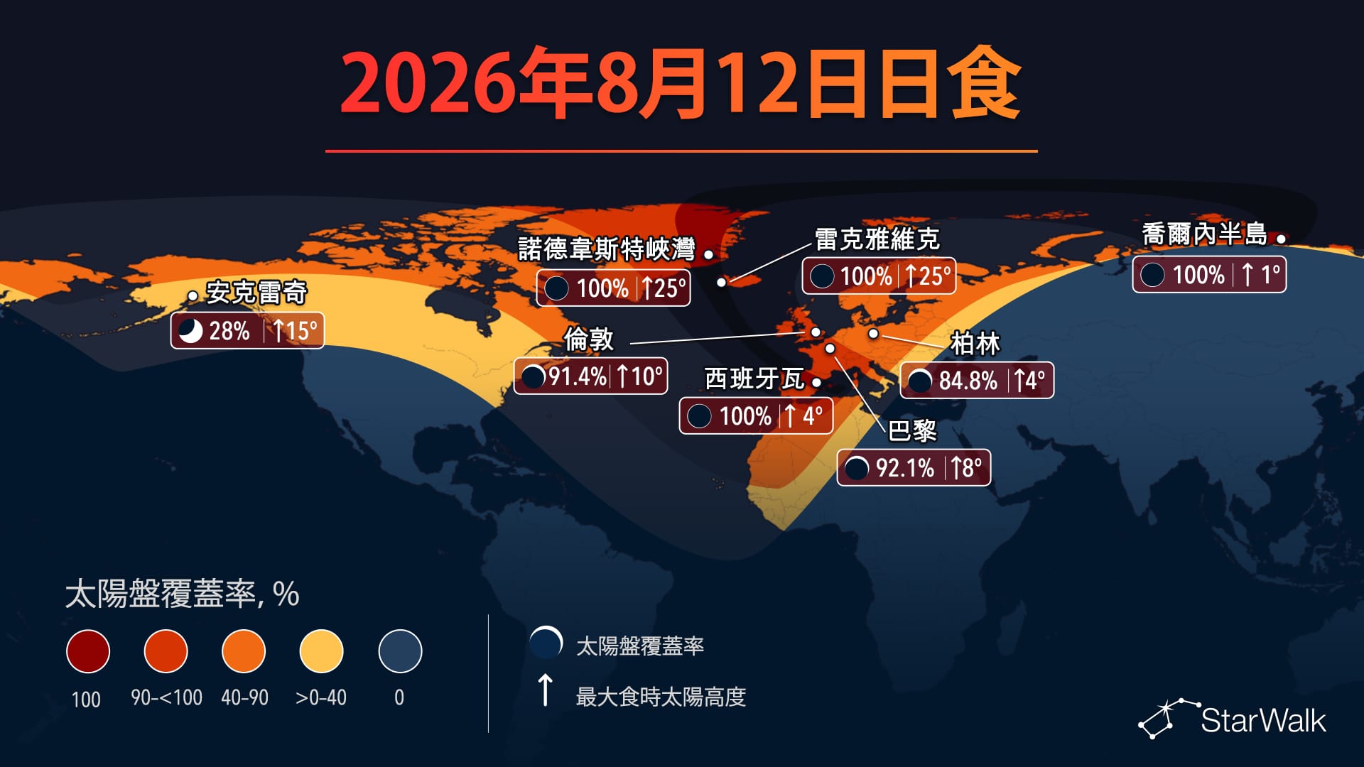2026年8月12日穿過格陵蘭、冰島和西班牙的日全食路徑地圖