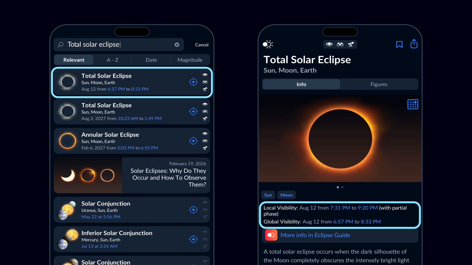Sky Tonight app showing visibility time for the August 12 2026 total solar eclipse