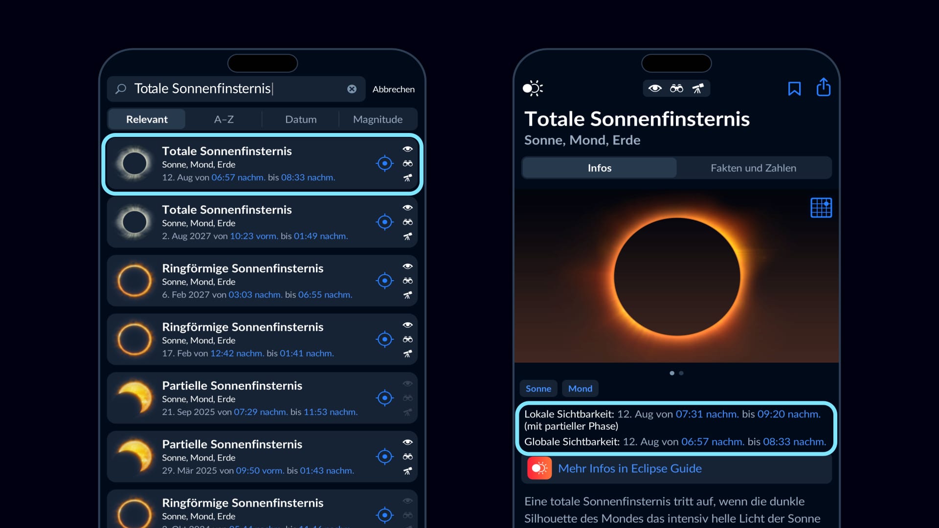 Sky Tonight-App zeigt die Sichtbarkeitszeit der totalen Sonnenfinsternis am 12. August 2026