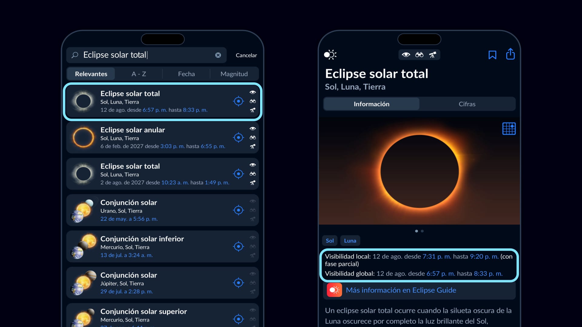 App Sky Tonight mostrando la hora de visibilidad del eclipse solar total del 12 de agosto de 2026