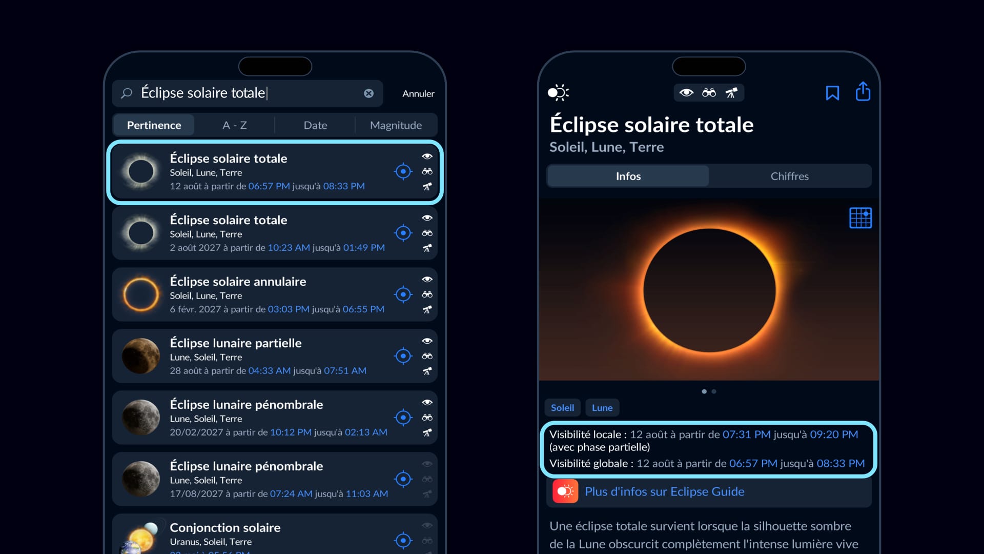 Application Sky Tonight montrant l’heure de visibilité de l’éclipse solaire totale du 12 août 2026