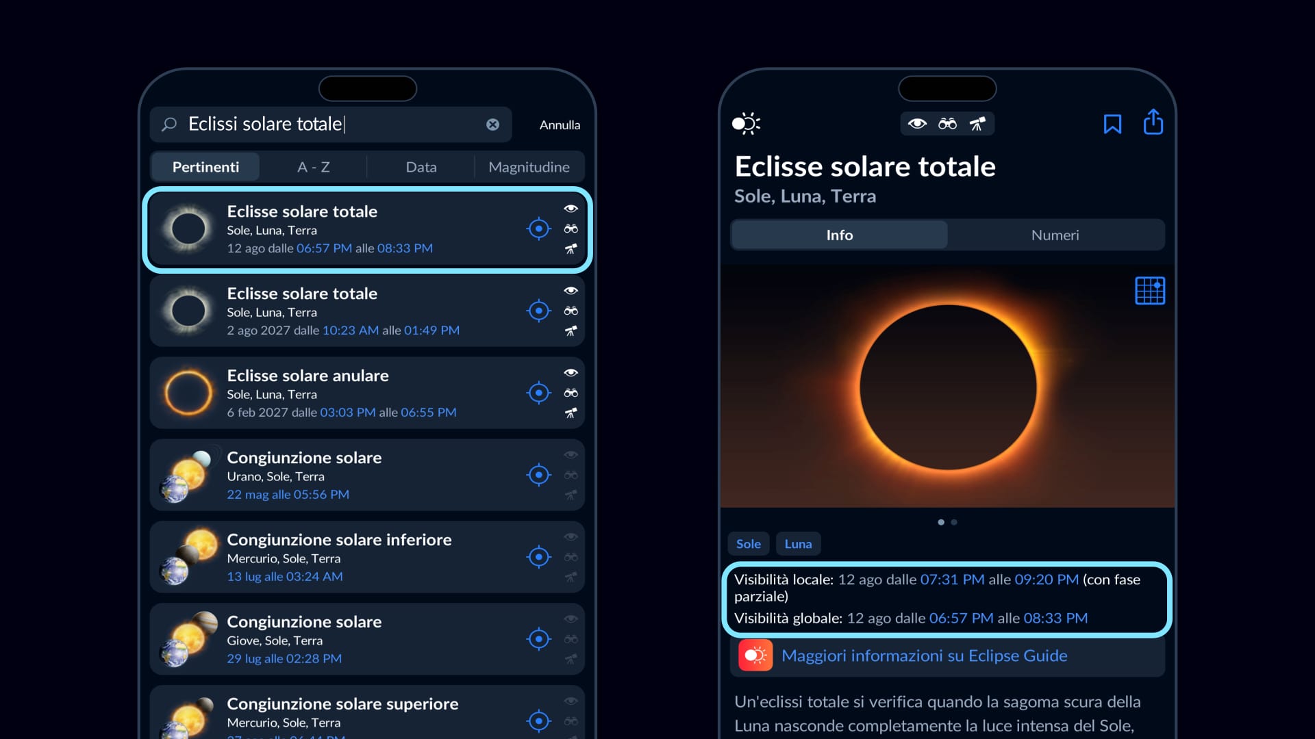 App Sky Tonight che mostra l’orario di visibilità dell’eclissi solare totale del 12 agosto 2026