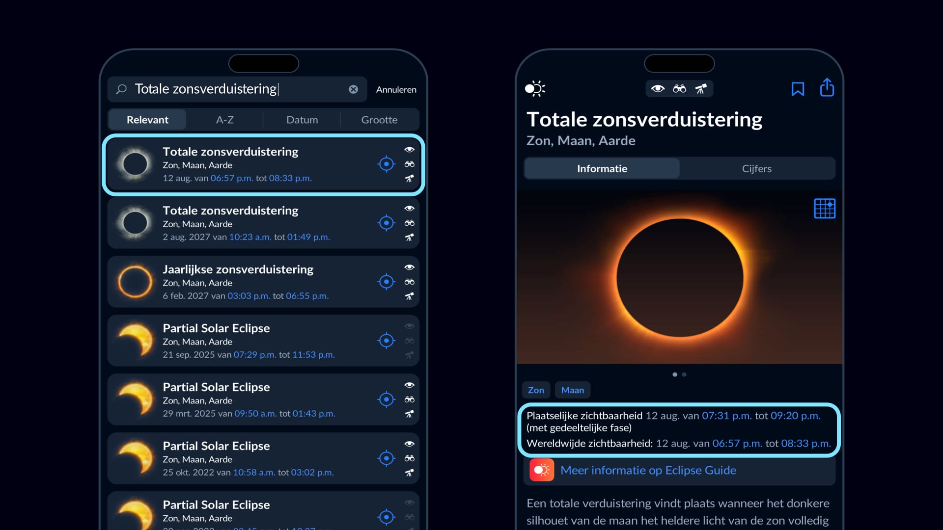 Sky Tonight-app met de zichtbaarheidstijd van de totale zonsverduistering van 12 augustus 2026