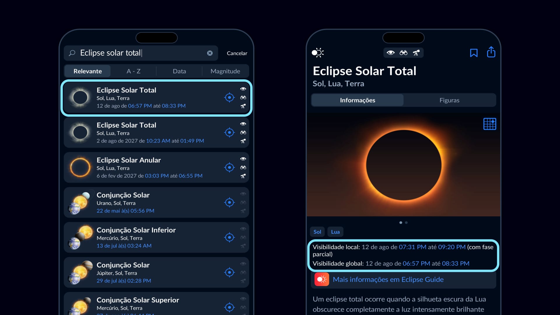 App Sky Tonight mostrando o horário de visibilidade do eclipse solar total de 12 de agosto de 2026