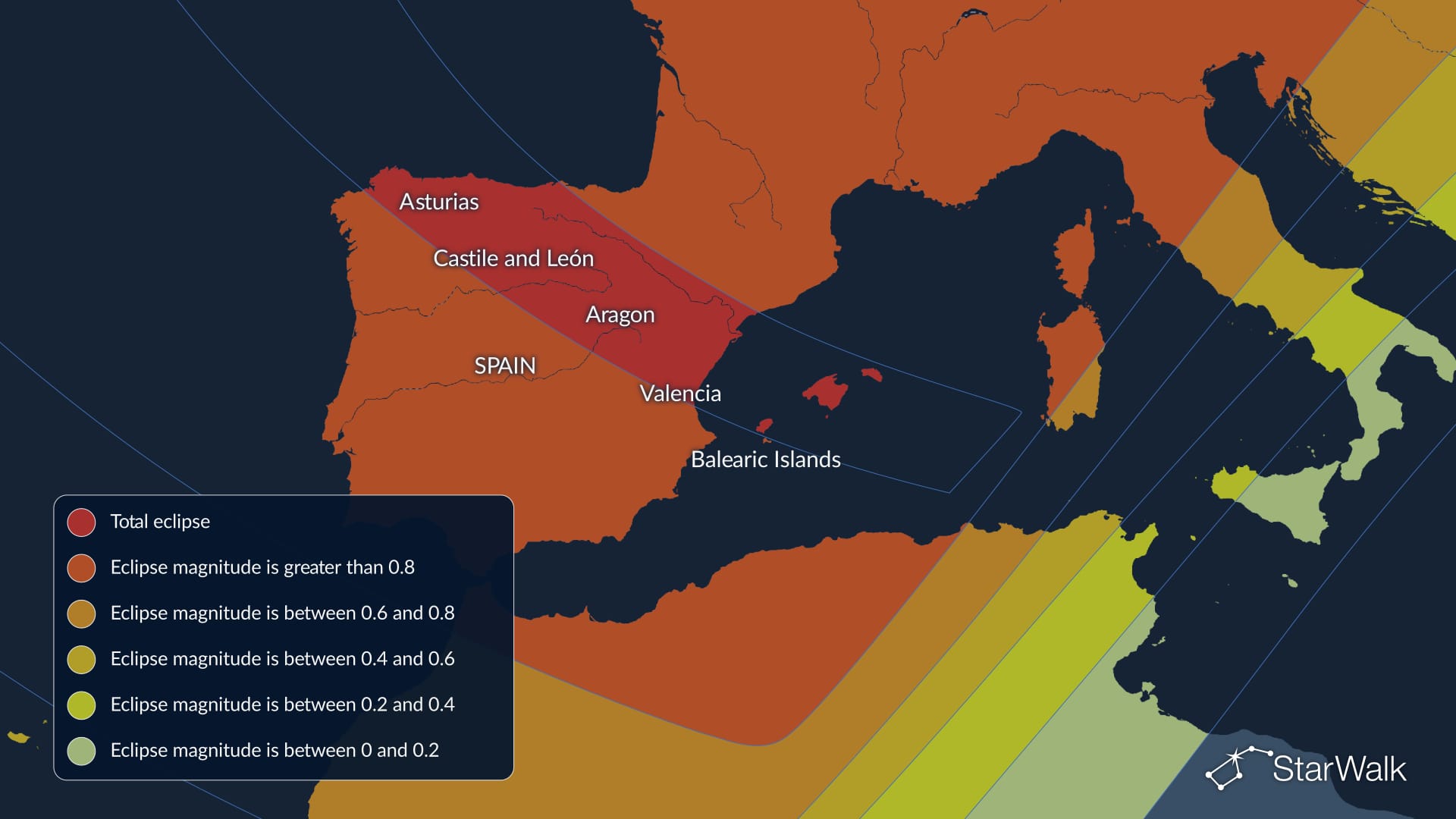 Map of the August 12 2026 total solar eclipse path across Spain including Asturias, Castile and León, Aragon and the Balearic Islands