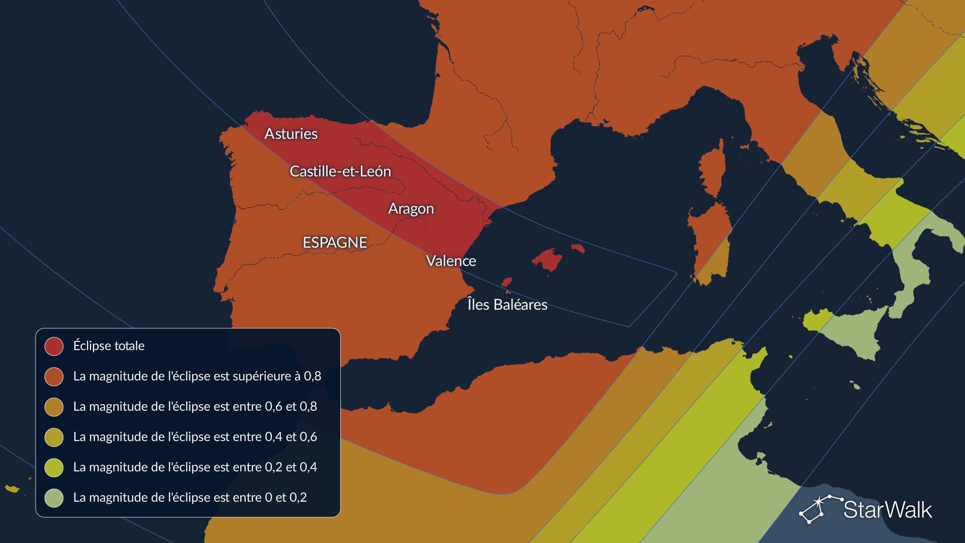 Carte de la trajectoire de l’éclipse solaire totale du 12 août 2026 à travers l’Espagne, notamment les Asturies, la Castille-et-León, l’Aragon et les îles Baléares