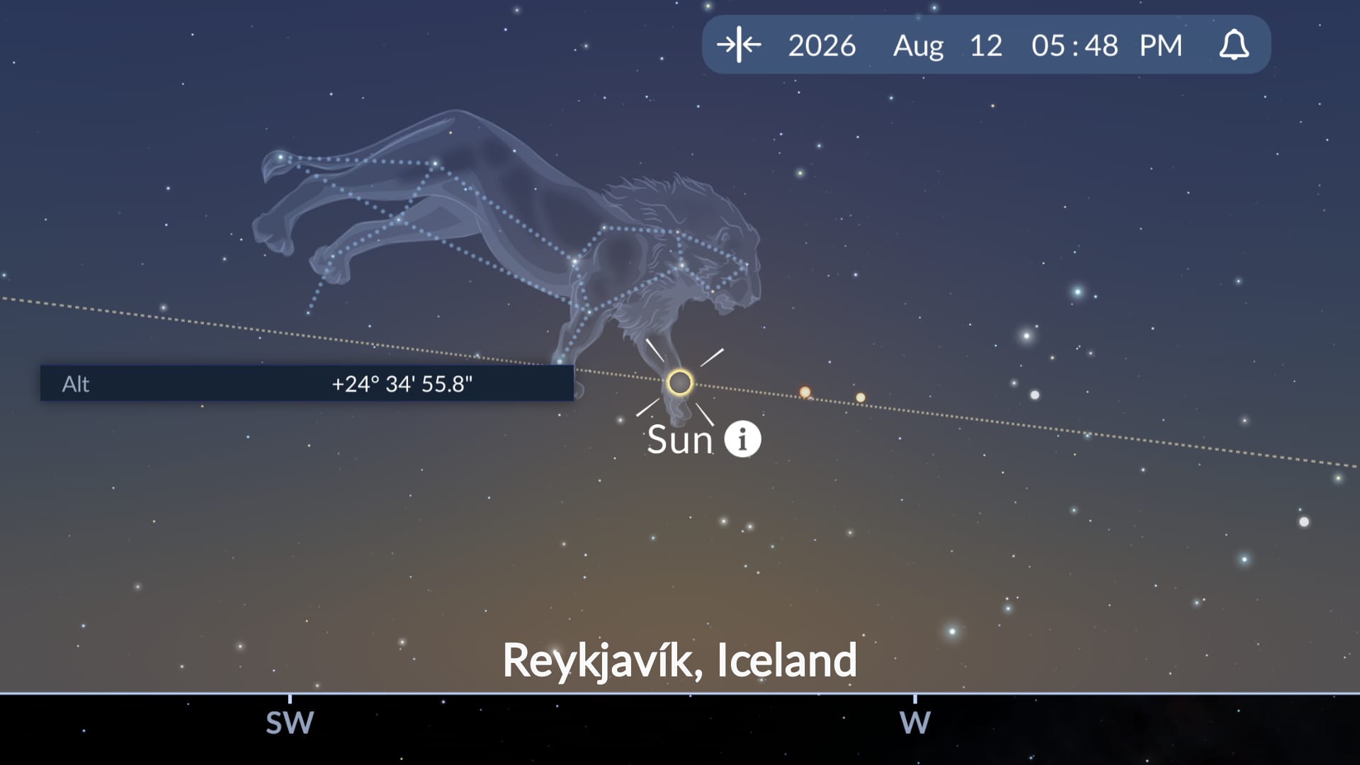 Sky Tonight app showing the Sun position near the horizon during the 2026 solar eclipse