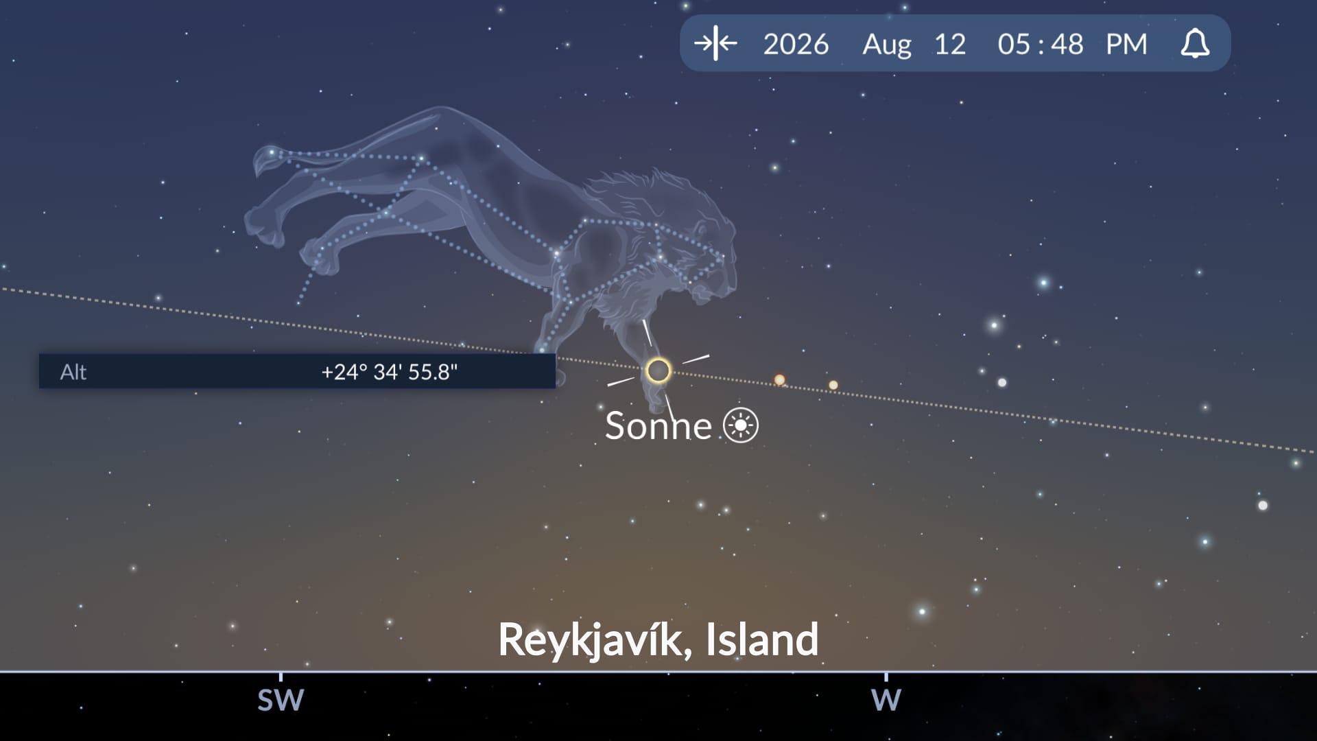 Sky Tonight-App zeigt die Position der Sonne nahe dem Horizont während der Sonnenfinsternis 2026